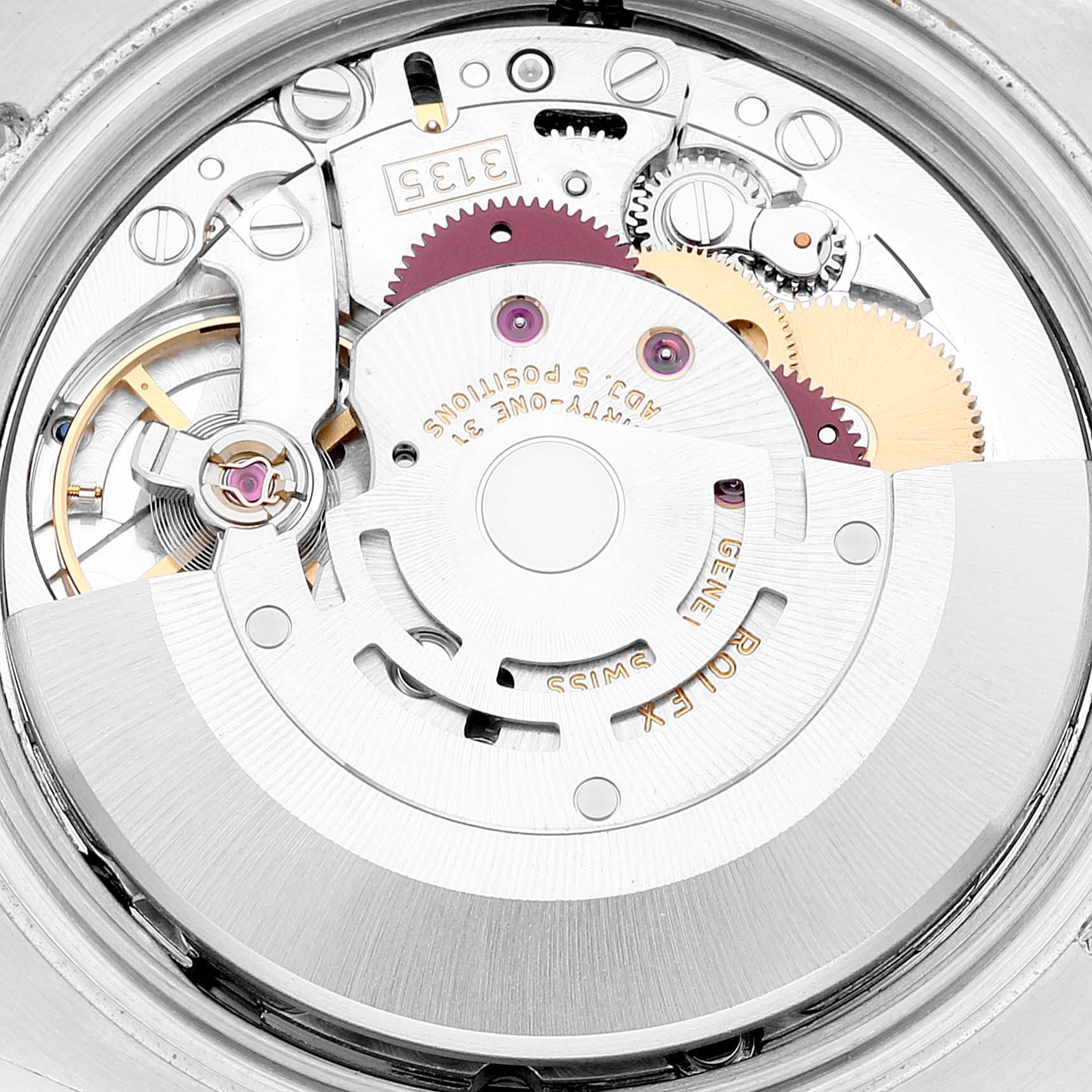 The image shows the internal mechanism and components of a Rolex Turn-o-Graph 116264 Men's Stainless Steel White Dial 116264 Men's Stainless Steel White Dial watch from a back angle.