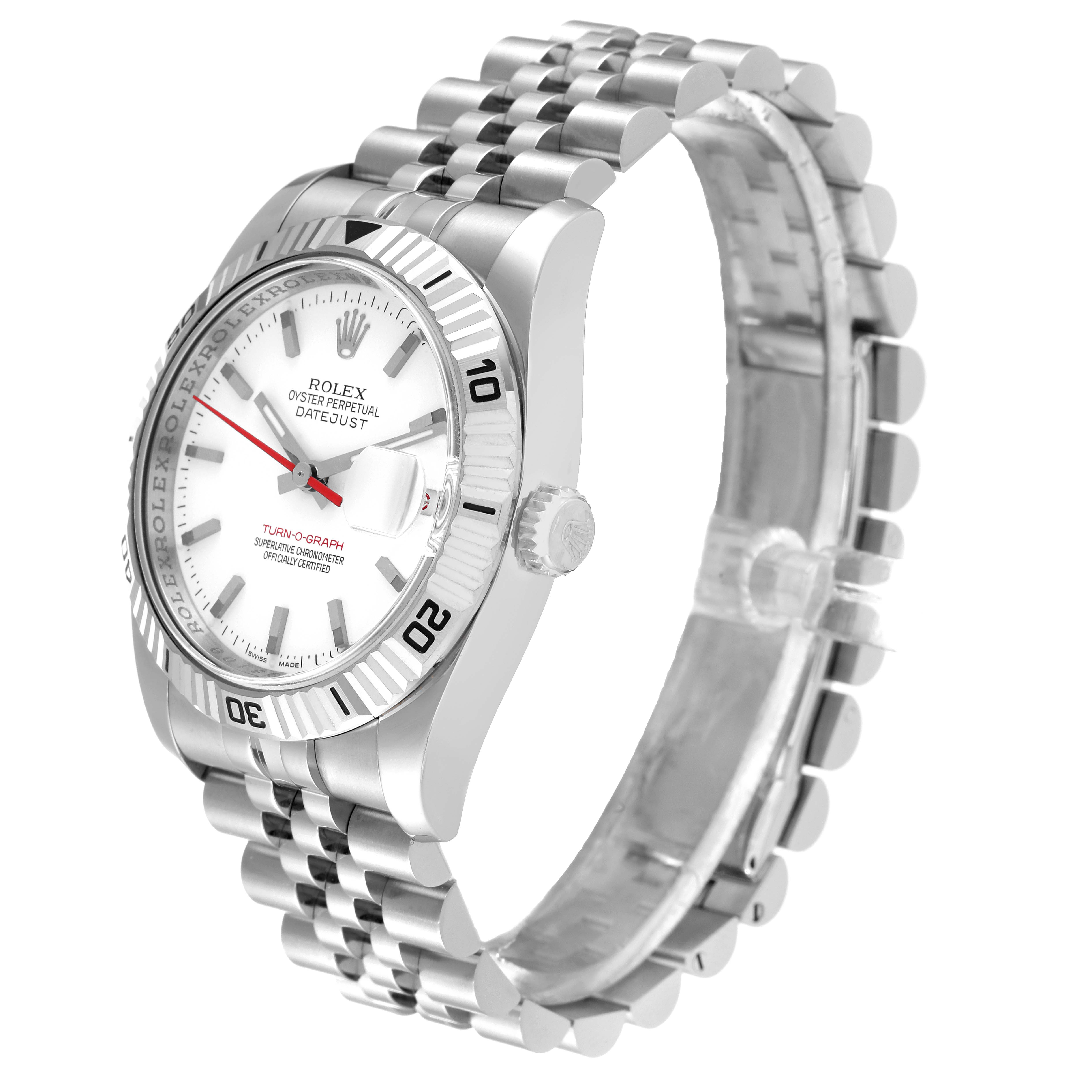 This Rolex Turn-o-Graph 116264 Men's Stainless Steel White Dial 116264 Men's Stainless Steel White Dial watch is pictured at a three-quarter angle, showing the dial, bezel, crown, and bracelet.