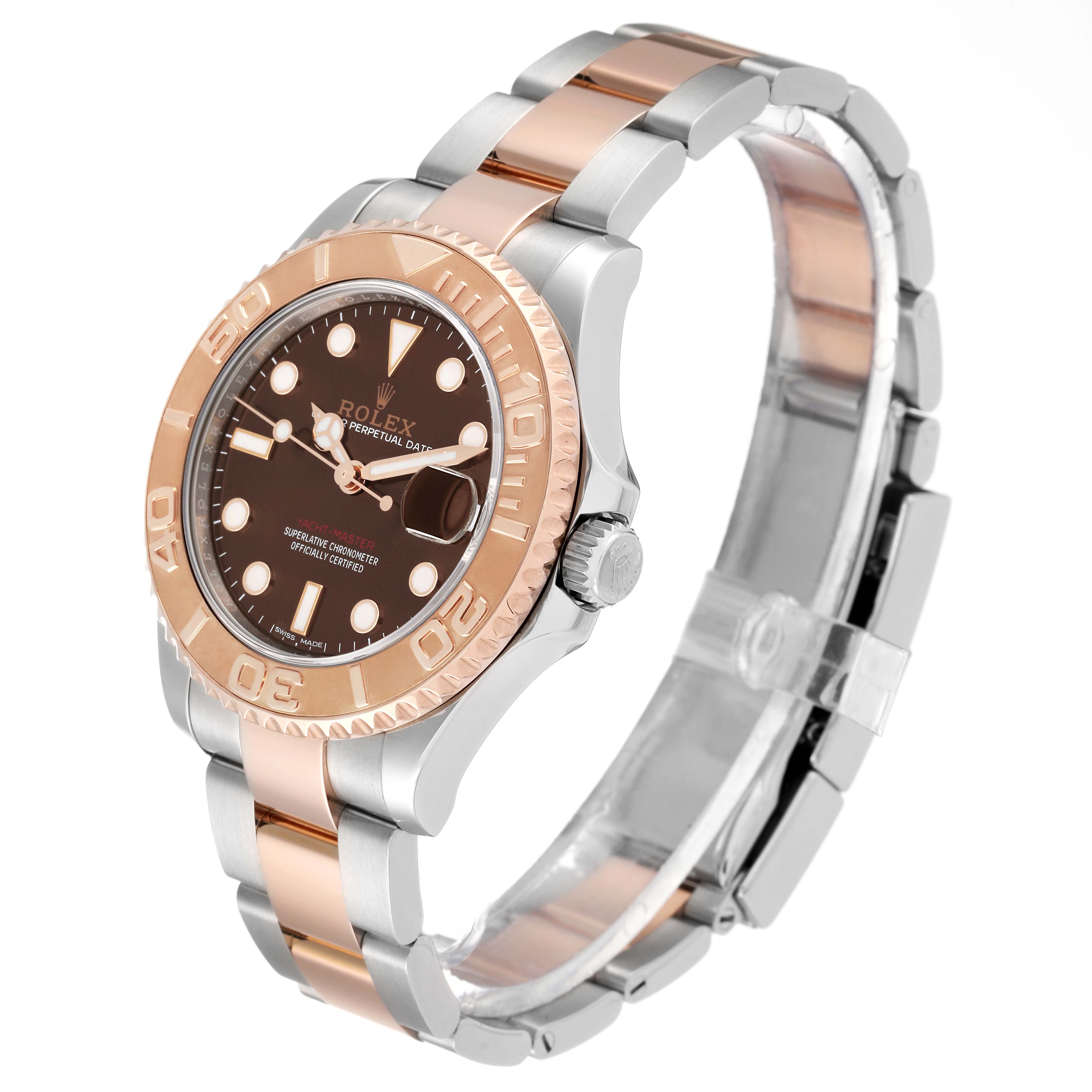 The image shows a side and top view of a Rolex Yacht-Master 268621 Men's Steel and Gold (two tone) Brown Dial 268621 Men's Steel and Gold (two tone) Brown Dial watch, highlighting its bezel, dial, and bracelet.