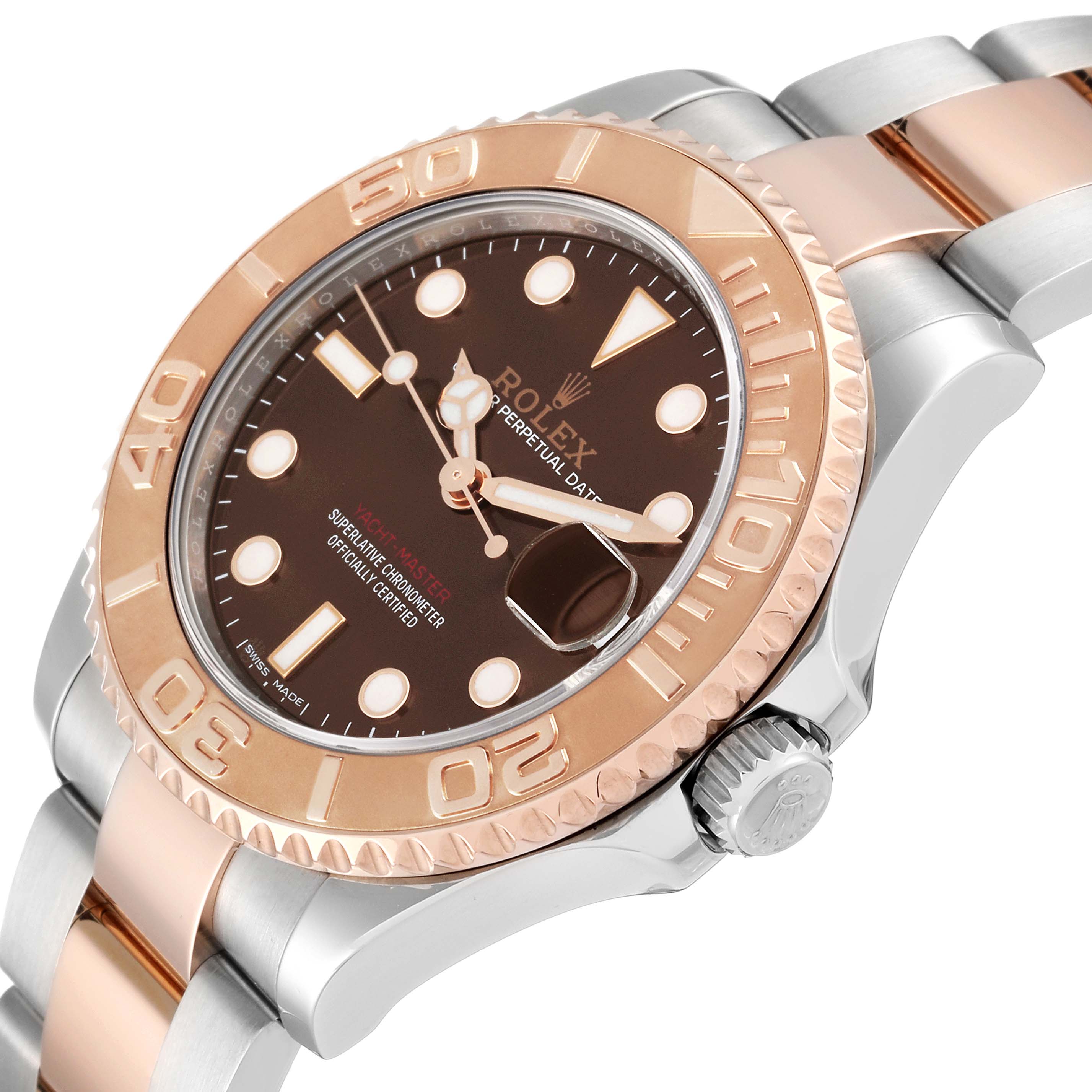 This image shows the Rolex Yacht-Master 268621 Men's Steel and Gold (two tone) Brown Dial 268621 Men's Steel and Gold (two tone) Brown Dial watch at an angled close-up, highlighting the bezel, dial, crown, and part of the bracelet.