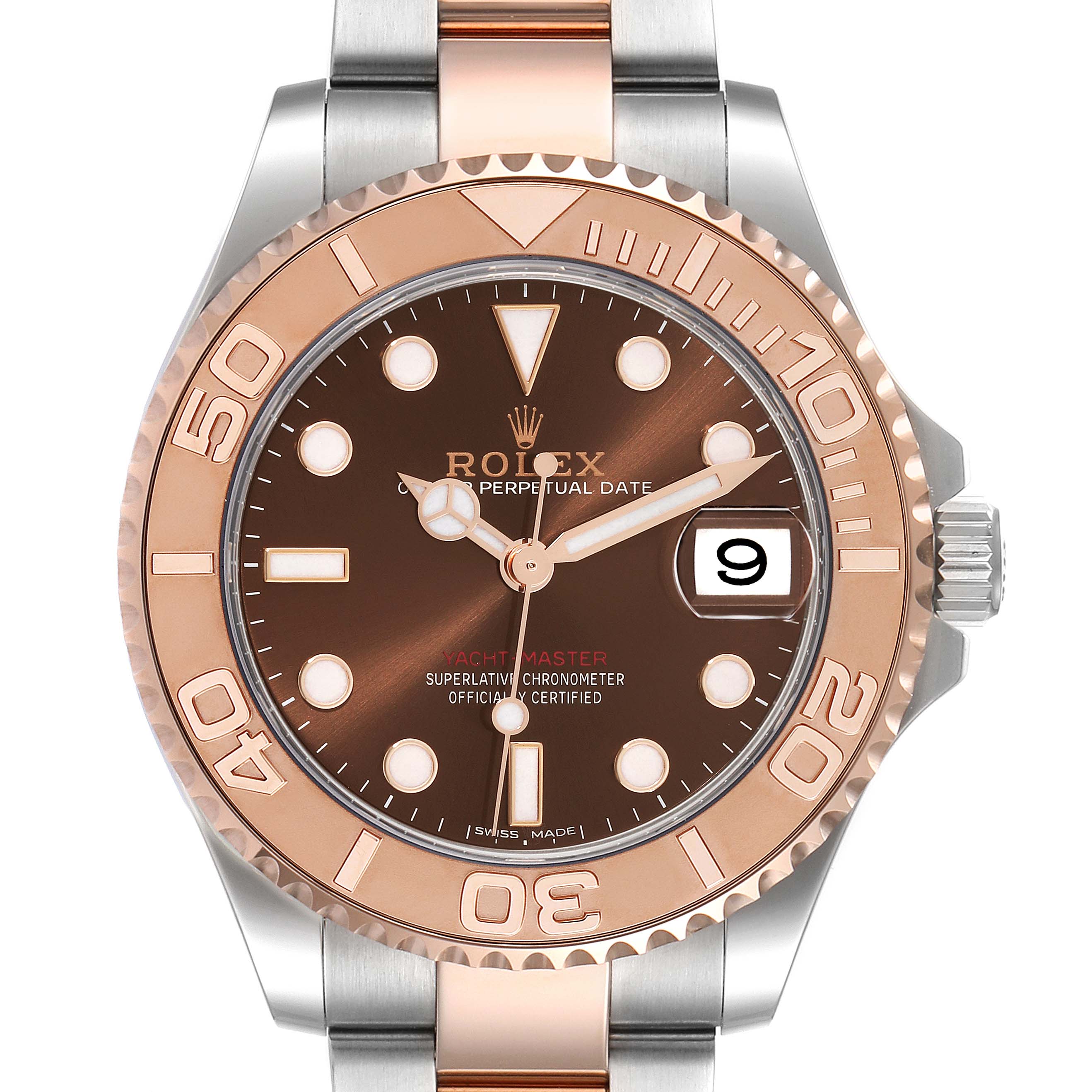 The Rolex Yacht-Master 268621 Men's Steel and Gold (two tone) Brown Dial 268621 Men's Steel and Gold (two tone) Brown Dial watch is shown from the front, displaying the dial, bezel, and part of the bracelet.