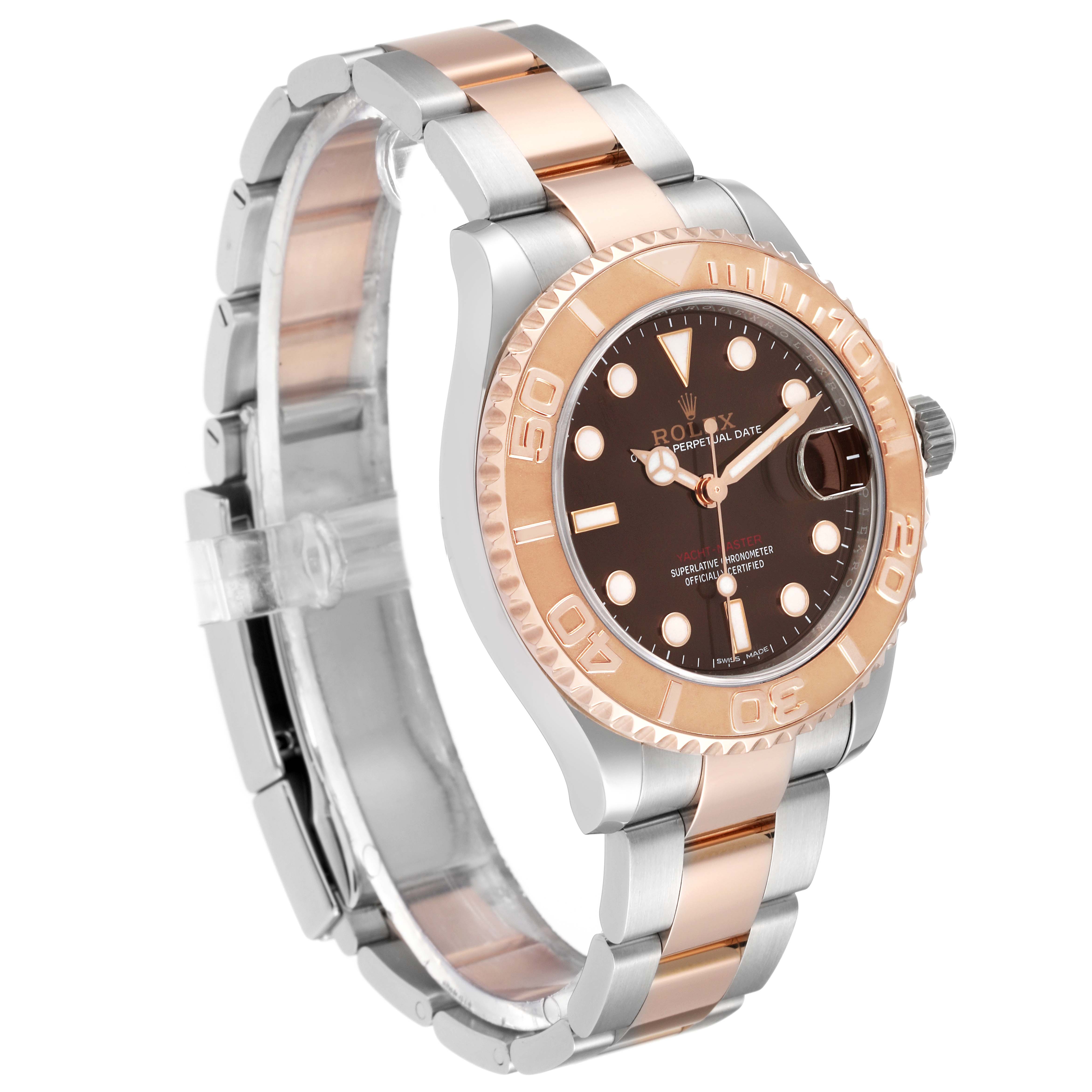 The Rolex Yacht-Master 268621 Men's Steel and Gold (two tone) Brown Dial 268621 Men's Steel and Gold (two tone) Brown Dial watch is shown at a slight angle, displaying its watch face, bezel, and bracelet.