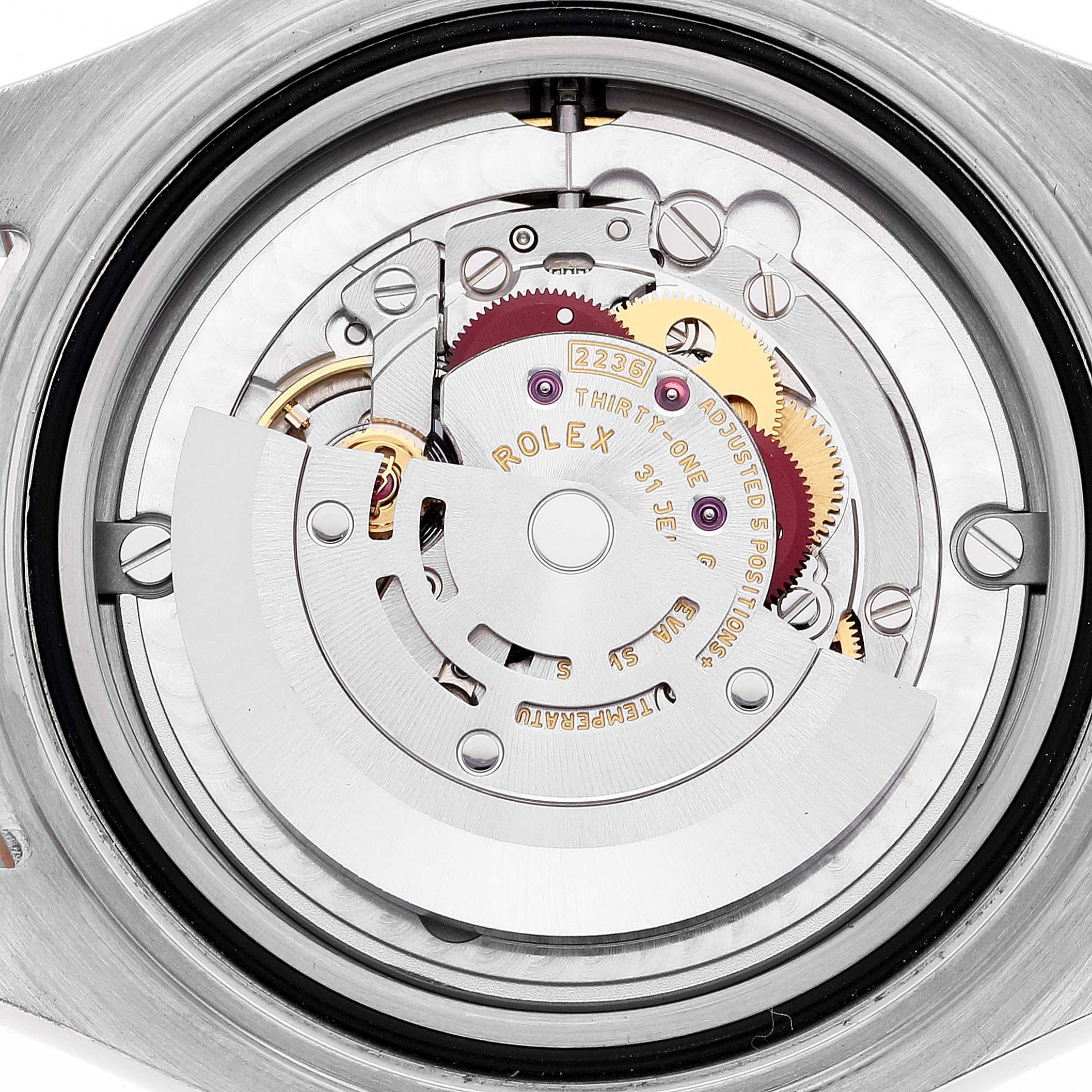 This close-up image shows the intricate inner movement and mechanism of a Rolex Yacht-Master 268621 Men's Steel and Gold (two tone) Brown Dial 268621 Men's Steel and Gold (two tone) Brown Dial watch.