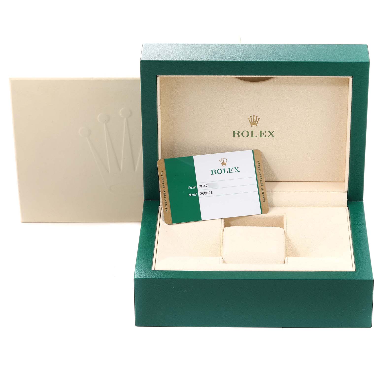 The image shows an open Rolex Yacht-Master 268621 Men's Steel and Gold (two tone) Brown Dial 268621 Men's Steel and Gold (two tone) Brown Dial watch box at a front angle, displaying a warranty card inside.