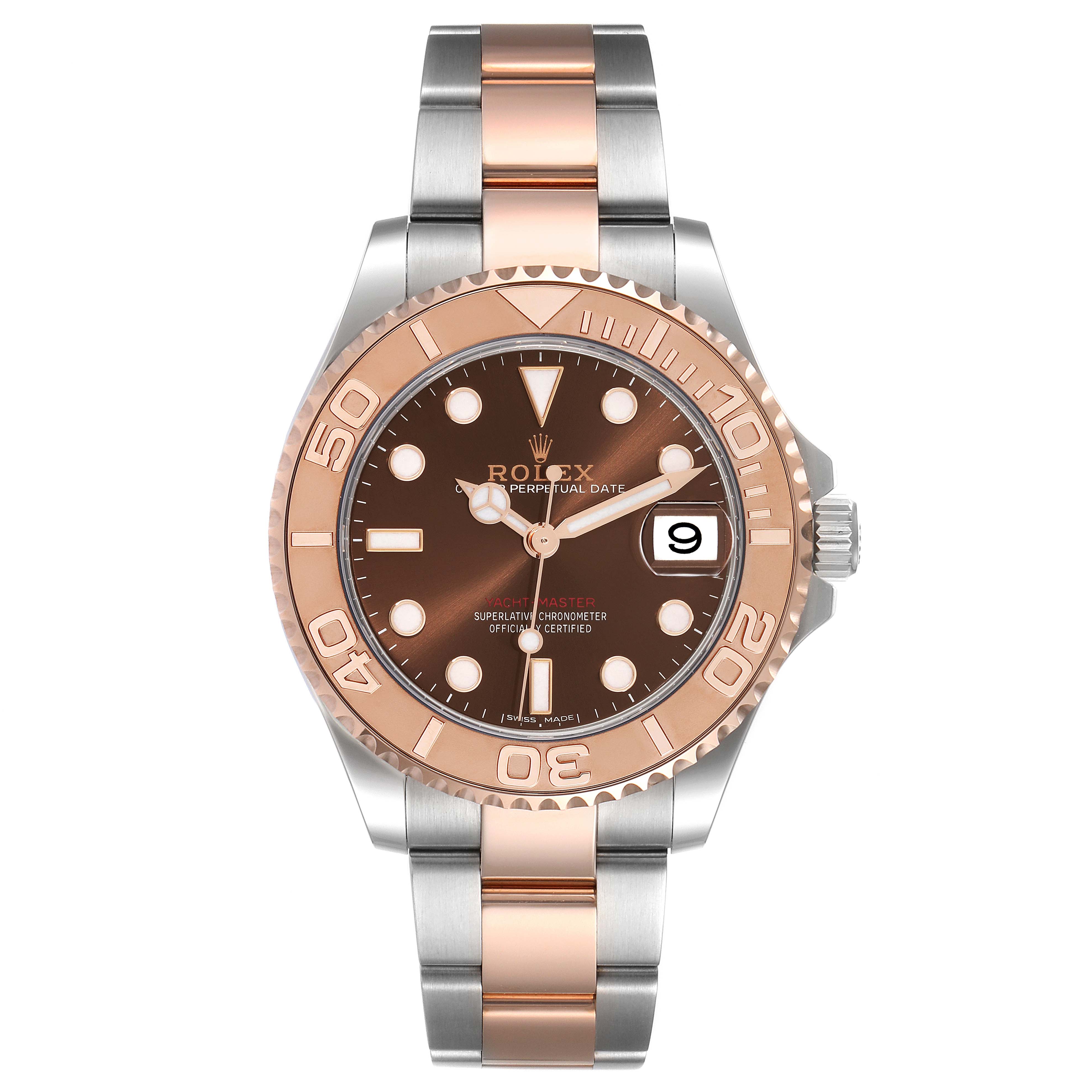 The image shows a front view of a Rolex Yacht-Master 268621 Men's Steel and Gold (two tone) Brown Dial 268621 Men's Steel and Gold (two tone) Brown Dial watch, displaying its dial, bezel, case, and two-tone bracelet.