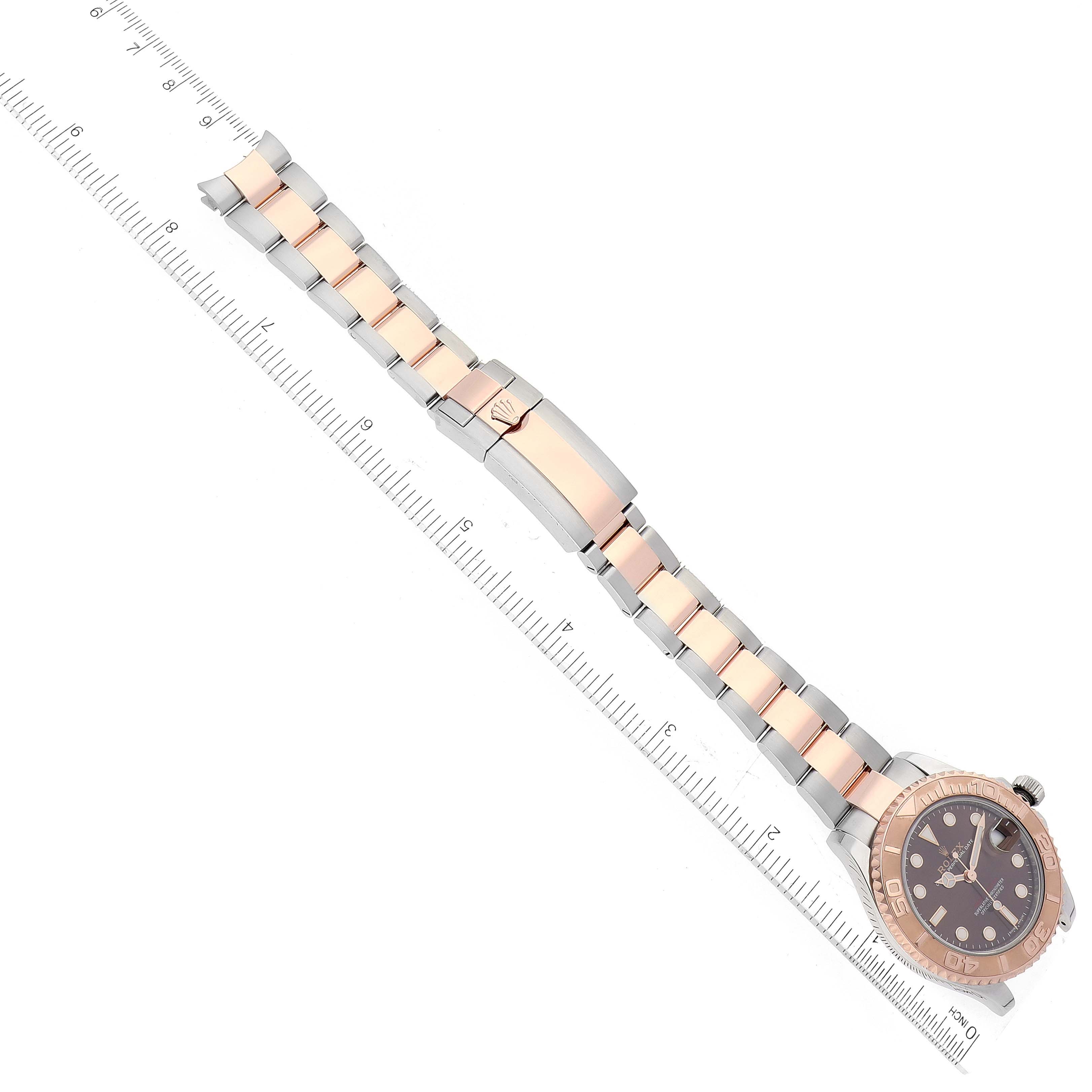 The Rolex Yacht-Master 268621 Men's Steel and Gold (two tone) Brown Dial 268621 Men's Steel and Gold (two tone) Brown Dial watch is shown from a top-down angle, displaying the face, bezel, and full bracelet.