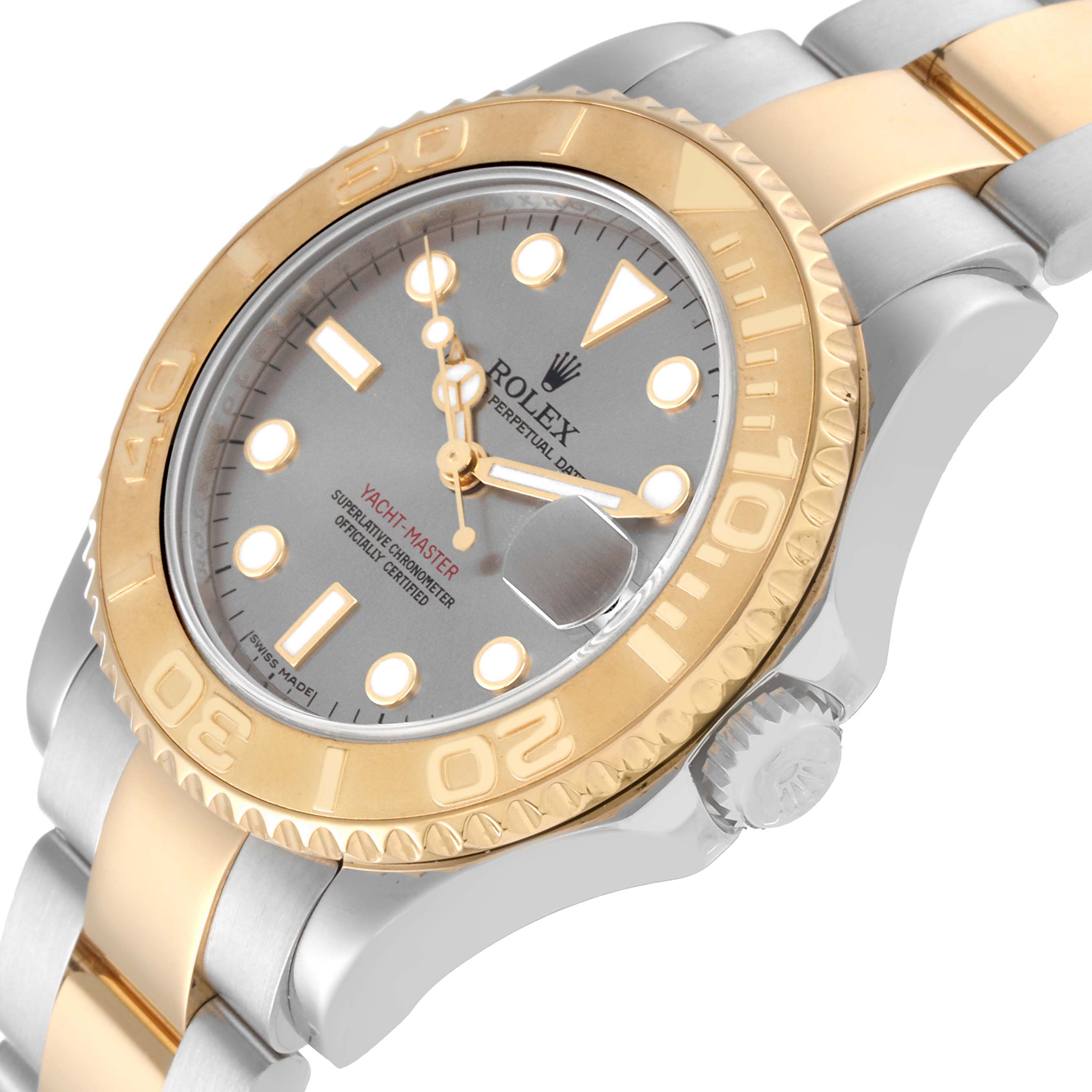 This Rolex Yacht-Master 168623 Men's Steel and Gold (two tone) Grey Dial 168623 Men's Steel and Gold (two tone) Grey Dial watch is shown at an angled view, highlighting the gold bezel, grey dial, and two-tone bracelet.