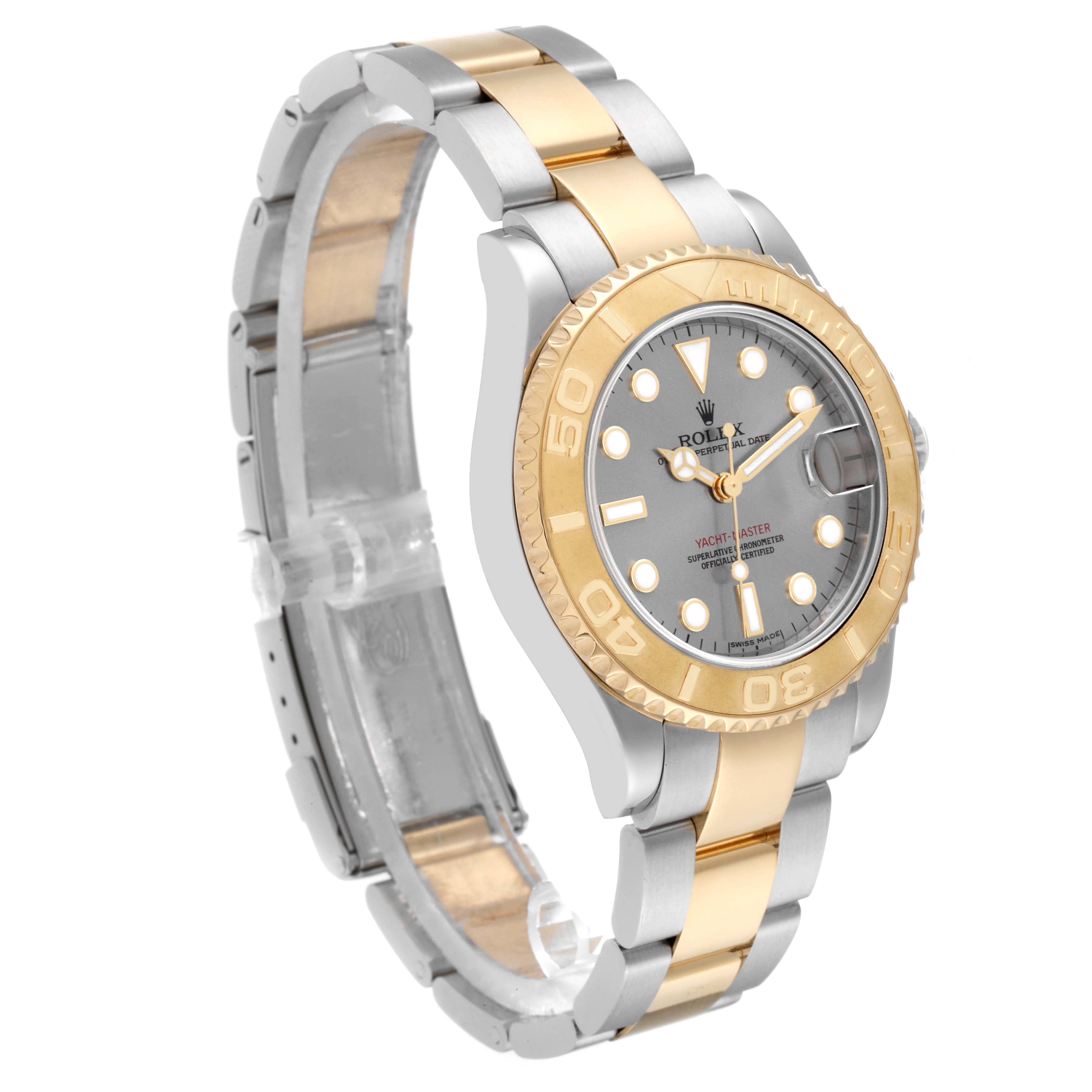 This image shows a front angle of a Rolex Yacht-Master 168623 Men's Steel and Gold (two tone) Grey Dial 168623 Men's Steel and Gold (two tone) Grey Dial, highlighting its two-tone metal strap and bezel.