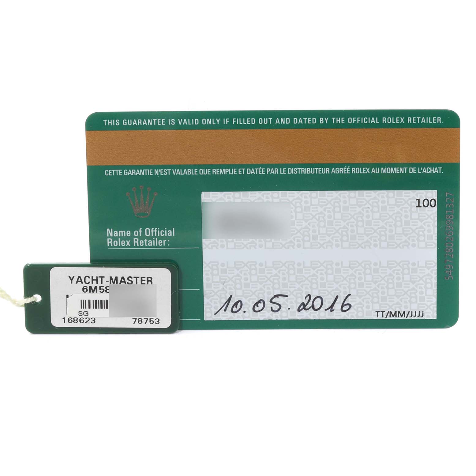 This image shows the warranty card and tag for a Rolex Yacht-Master 168623 Men's Steel and Gold (two tone) Grey Dial 168623 Men's Steel and Gold (two tone) Grey Dial watch.