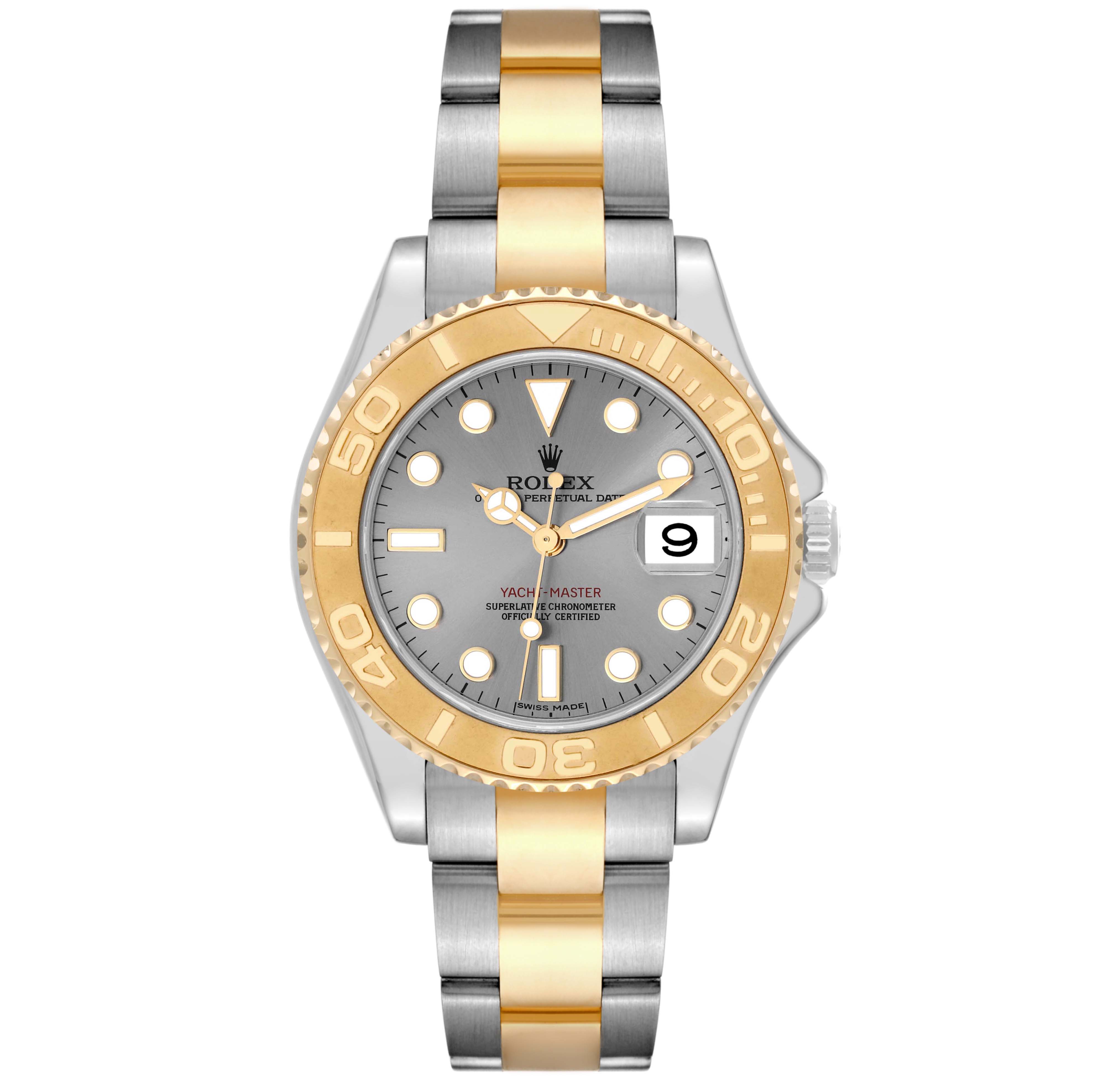 The Rolex Yacht-Master 168623 Men's Steel and Gold (two tone) Grey Dial 168623 Men's Steel and Gold (two tone) Grey Dial watch is shown from a front angle, displaying its two-tone metal bracelet, bezel, dial, and date window.