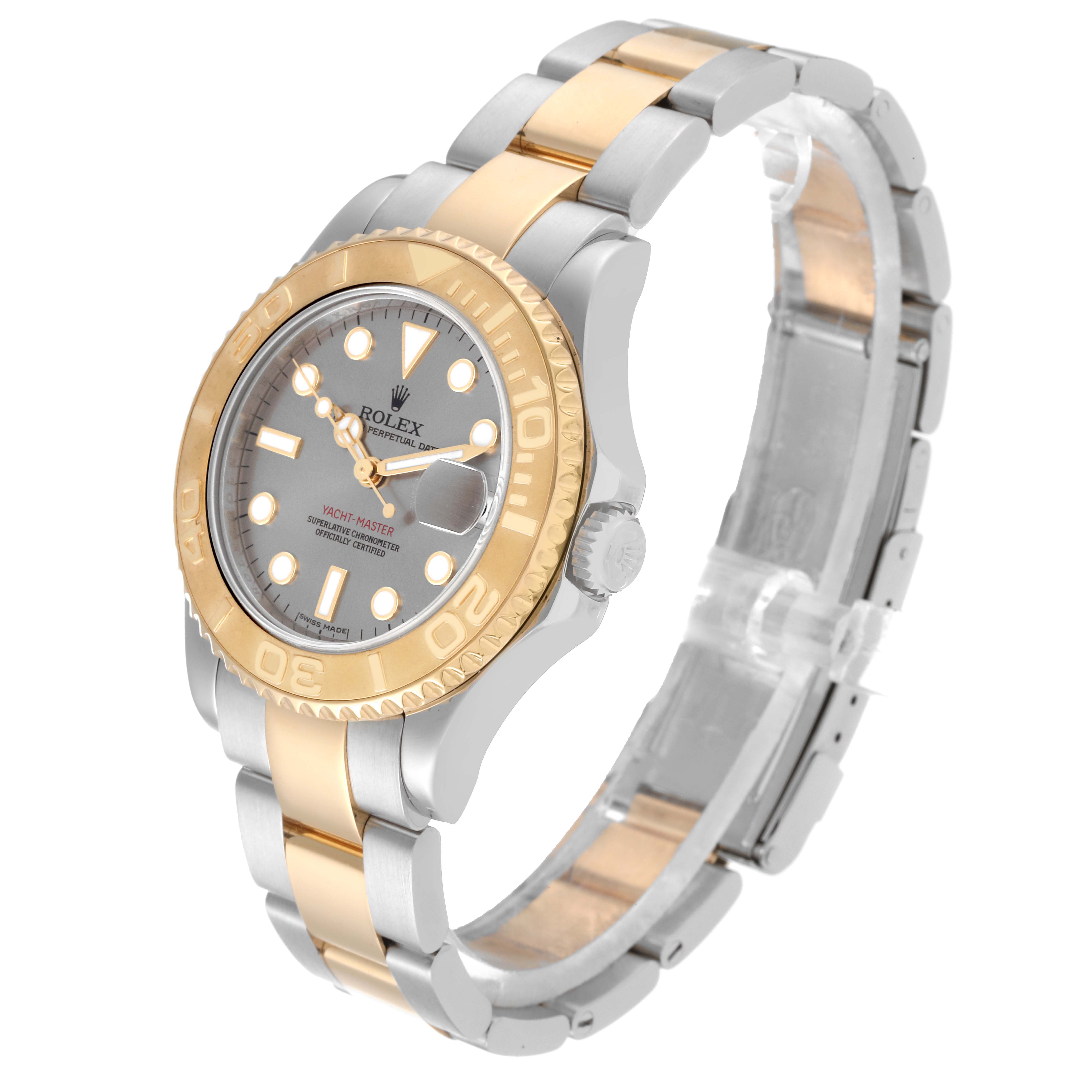 The Rolex Yacht-Master 168623 Men's Steel and Gold (two tone) Grey Dial 168623 Men's Steel and Gold (two tone) Grey Dial watch is shown at a three-quarter angle highlighting its bi-metal band and bezel.