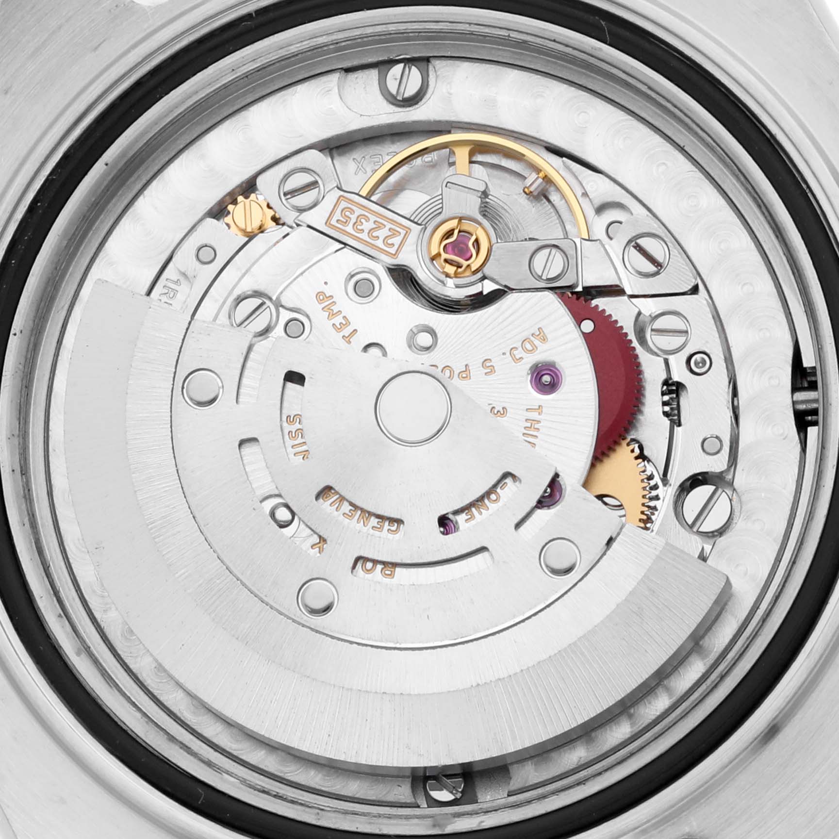 The image shows the internal movement and mechanics of a Rolex Yacht-Master 168623 Men's Steel and Gold (two tone) Grey Dial 168623 Men's Steel and Gold (two tone) Grey Dial watch, including the rotor and gears.