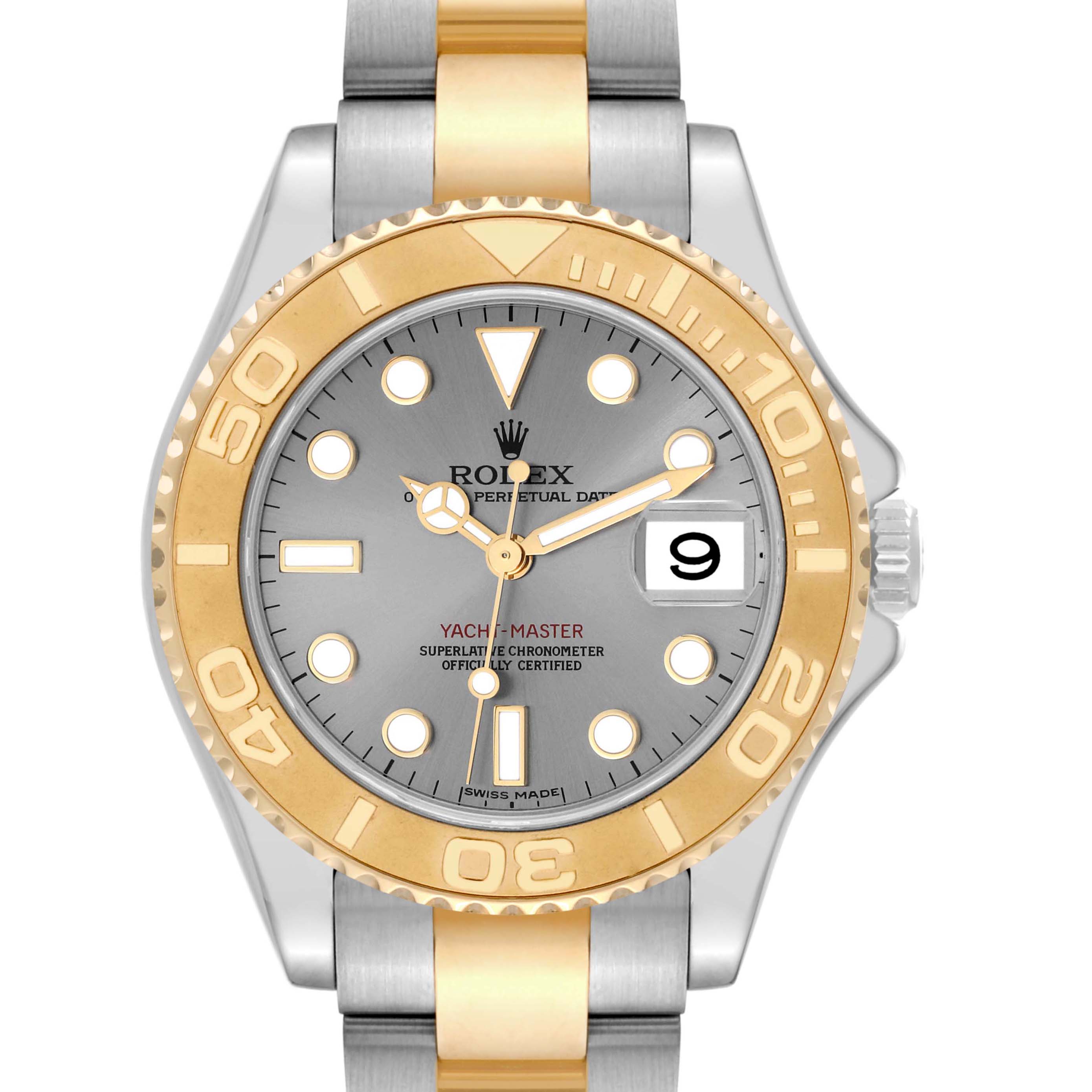 The image shows a front view of a Rolex Yacht-Master 168623 Men's Steel and Gold (two tone) Grey Dial 168623 Men's Steel and Gold (two tone) Grey Dial watch, highlighting its bi-metallic bracelet, bezel, and dial with date display.