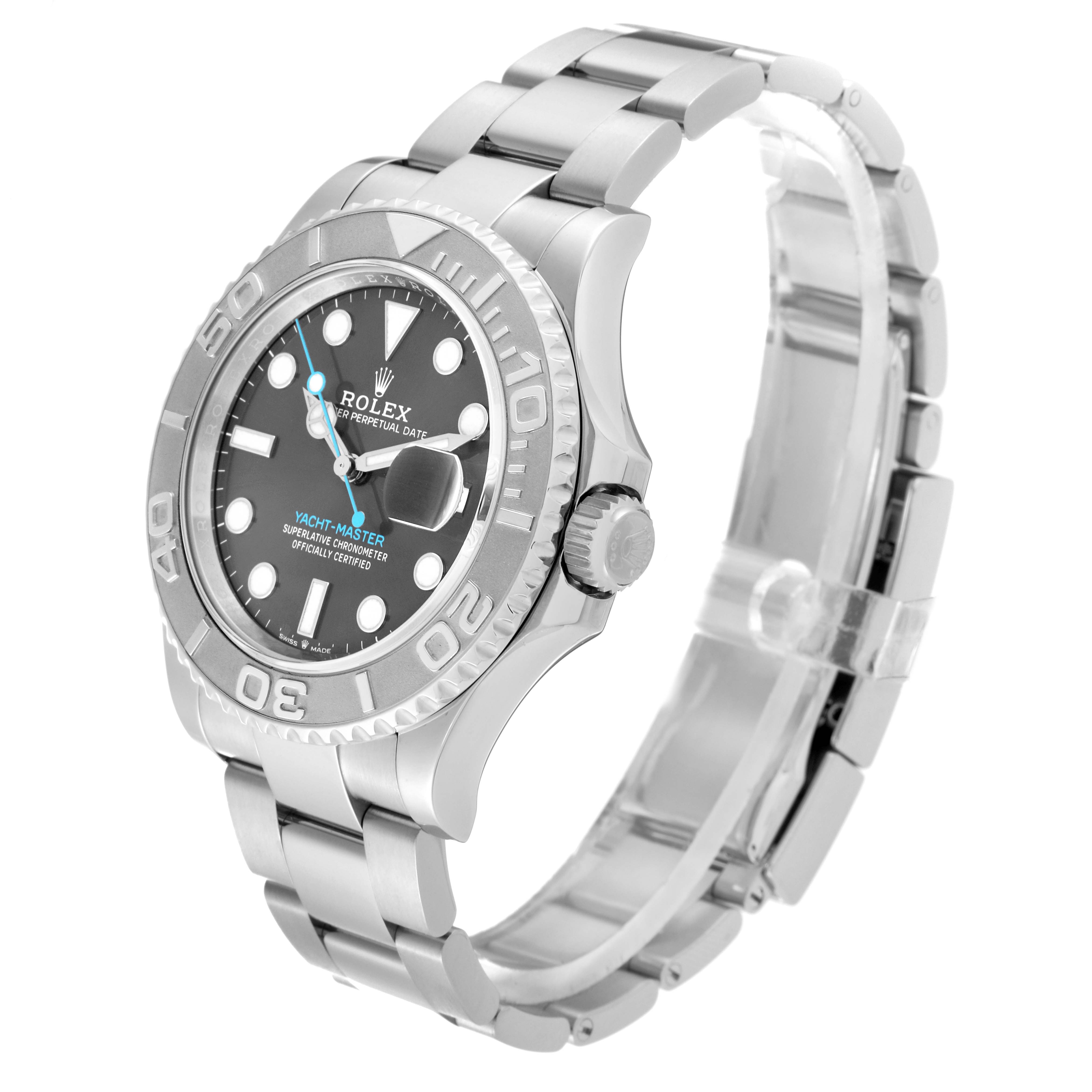 This image shows a Rolex Yacht-Master 126622 Men's Stainless Steel Grey Dial 126622 Men's Stainless Steel Grey Dial watch at a three-quarter angle highlighting the dial, bezel, crown, and bracelet.