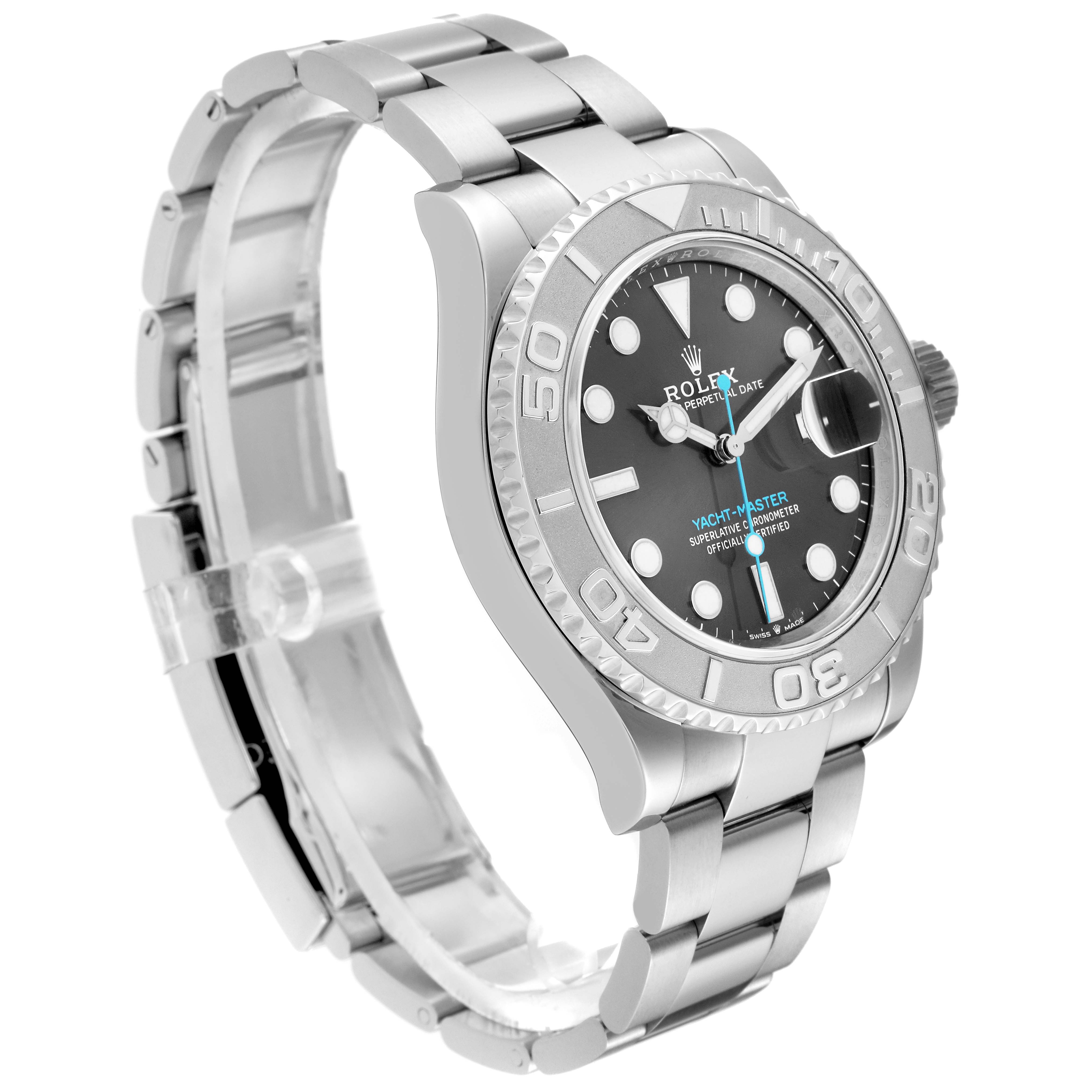 This image shows a side angle of a Rolex Yacht-Master 126622 Men's Stainless Steel Grey Dial 126622 Men's Stainless Steel Grey Dial watch, highlighting its bezel, dial, hands, and metal bracelet.