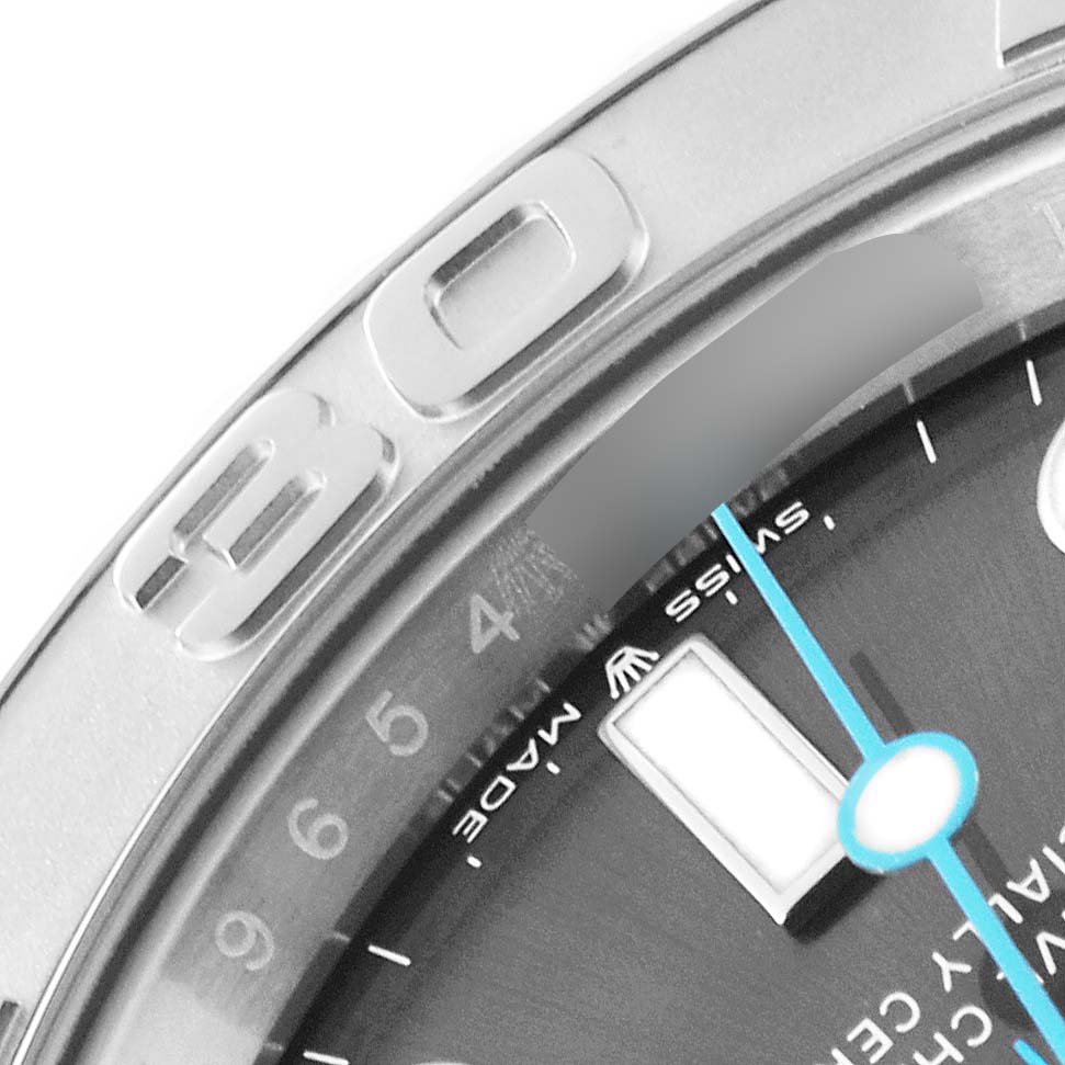 The close-up image of the Rolex Yacht-Master 126622 Men's Stainless Steel Grey Dial 126622 Men's Stainless Steel Grey Dial watch shows the bezel with part of the “30” marker, dial, and minute hand.