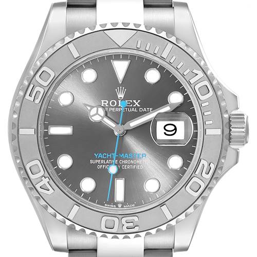 This image shows a front view of the Rolex Yacht-Master watch, highlighting the dial, bezel, hands, and date display.