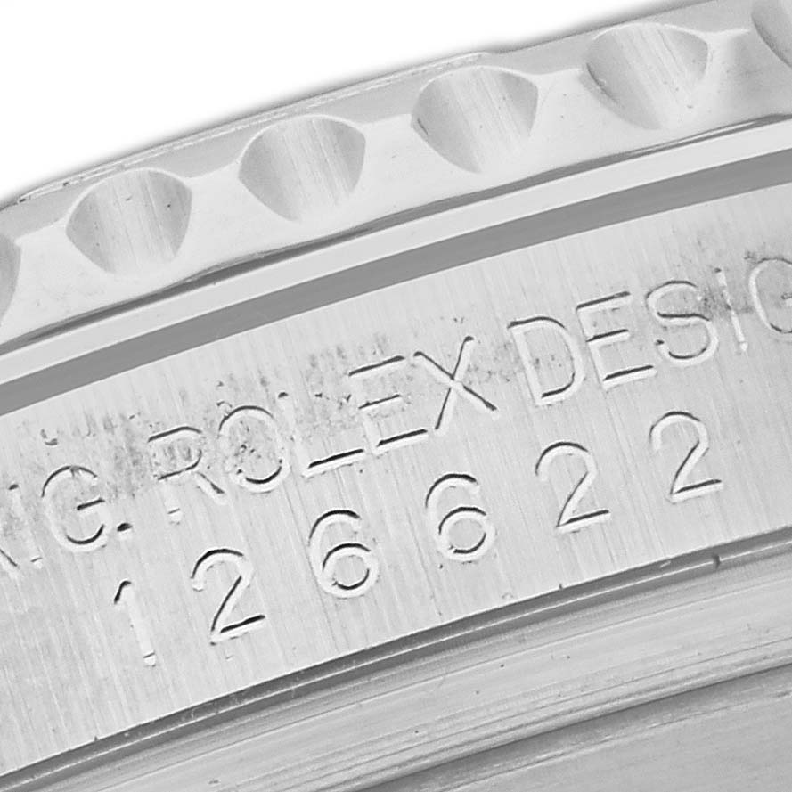 This close-up image shows the engraved markings on the side of the bezel of a Rolex Yacht-Master 126622 Men's Stainless Steel Grey Dial 126622 Men's Stainless Steel Grey Dial watch.
