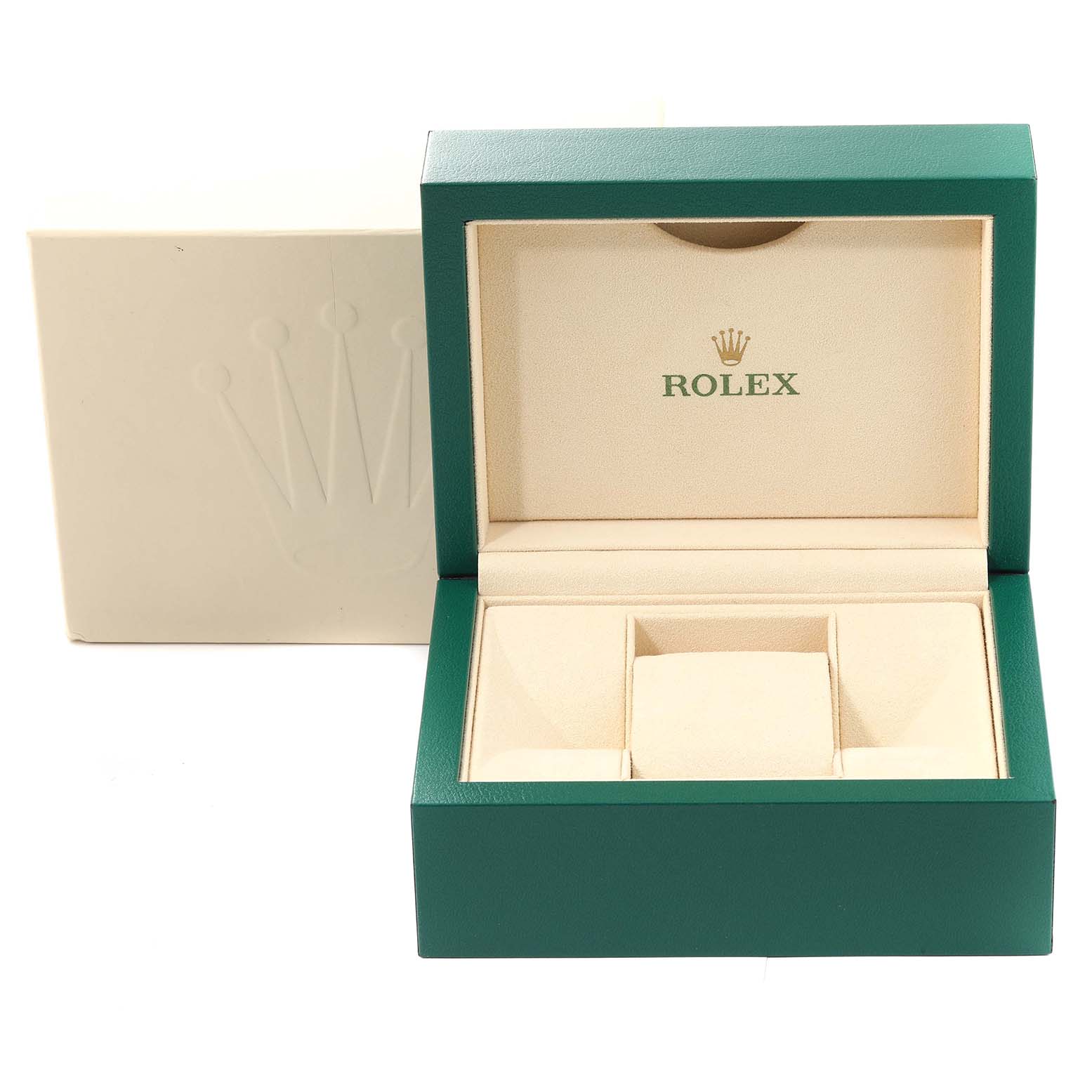 The image shows the open box of a Rolex Yacht-Master 126622 Men's Stainless Steel Grey Dial 126622 Men's Stainless Steel Grey Dial watch, displaying its green exterior and beige interior with the "Rolex" logo.