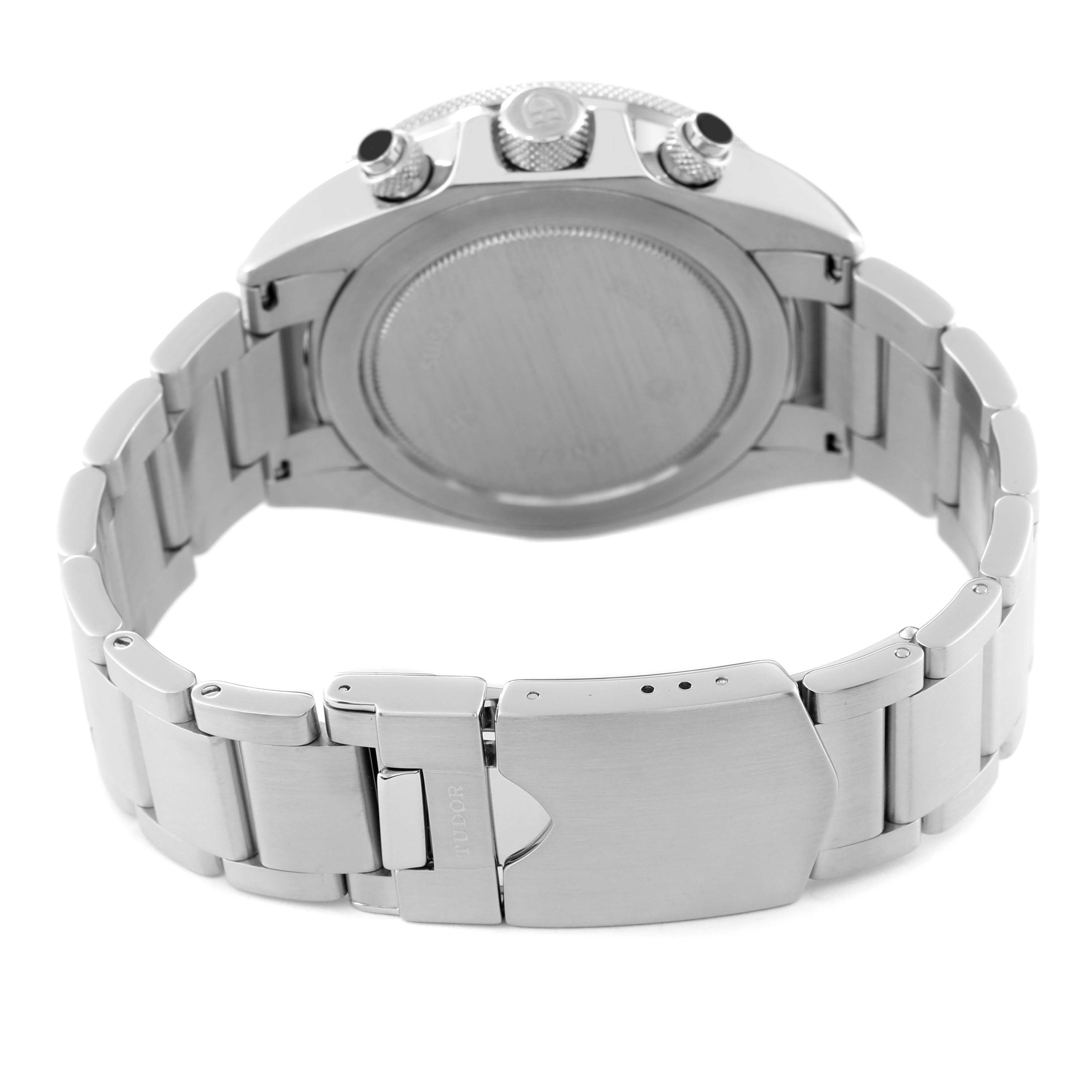 The image shows the back view of a Tudor Heritage Chrono 70330N-95740 Men
s Stainless Steel Black Dial 70330N-95740 Men
s Stainless Steel Black Dial watch, highlighting the case back, bracelet, and clasp.