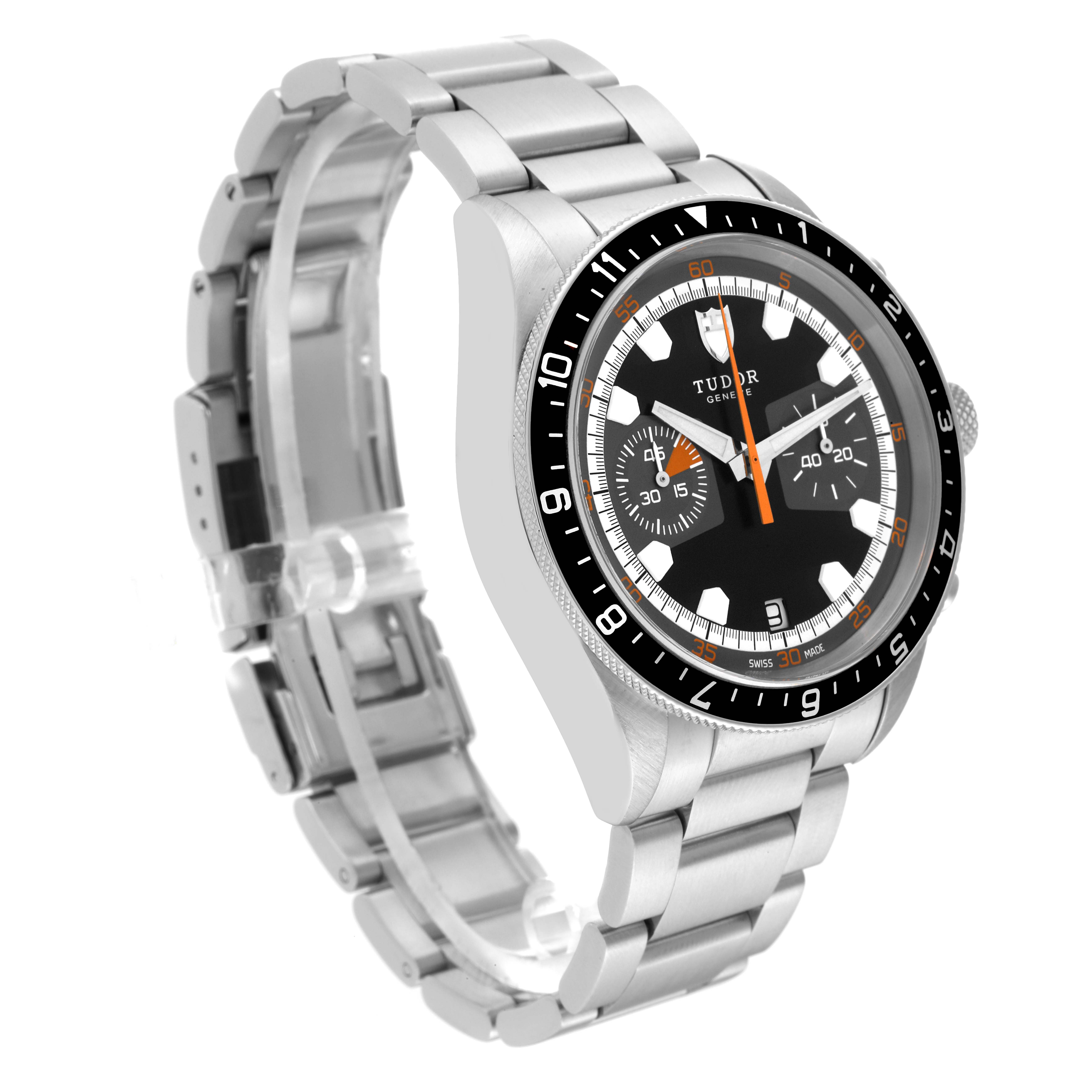 The Tudor Heritage Chrono 70330N-95740 Men
s Stainless Steel Black Dial 70330N-95740 Men
s Stainless Steel Black Dial watch is shown at a three-quarter angle, displaying the watch face and metal bracelet.