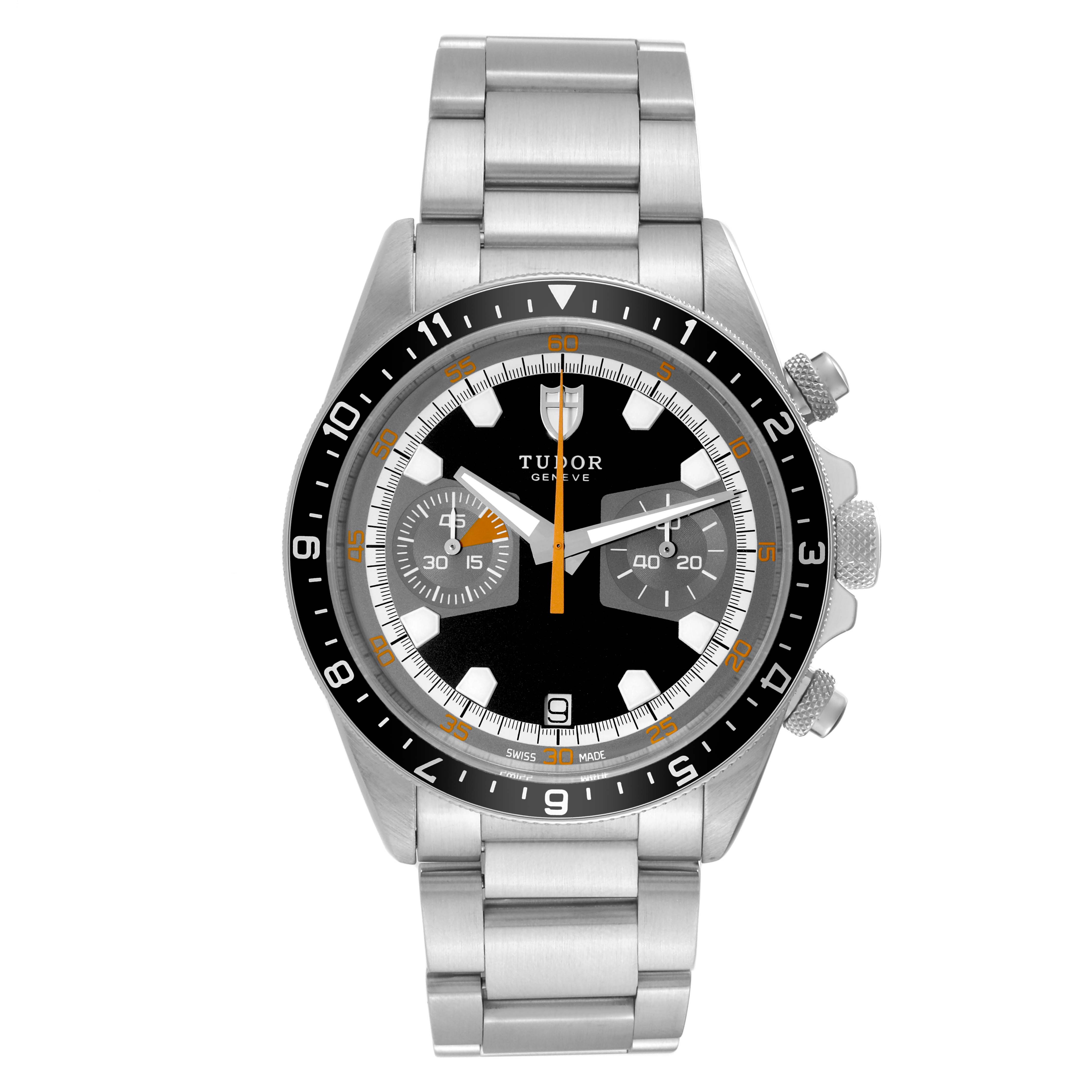 This image shows a front view of the Tudor Heritage Chrono 70330N-95740 Men
s Stainless Steel Black Dial 70330N-95740 Men
s Stainless Steel Black Dial watch, highlighting its dial, bezel, case, and bracelet.