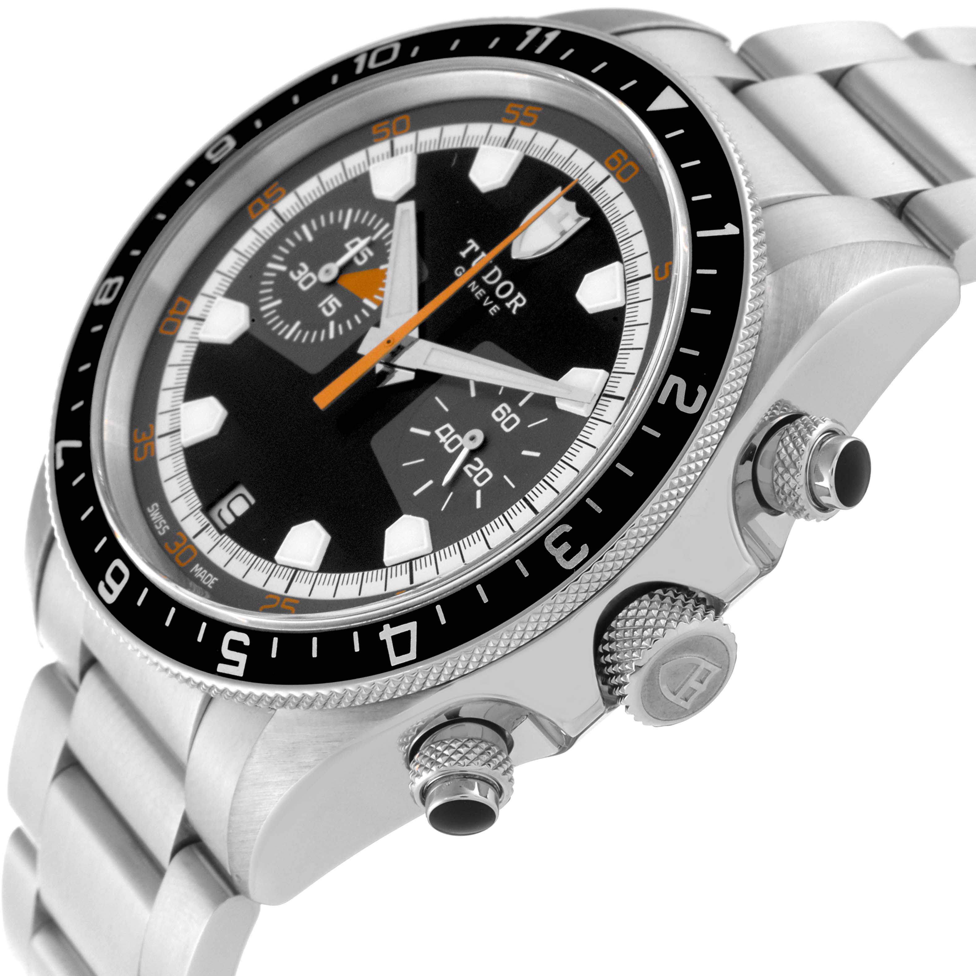 The Tudor Heritage Chrono 70330N-95740 Men
s Stainless Steel Black Dial 70330N-95740 Men
s Stainless Steel Black Dial watch is shown at an angled side view, displaying the dial, bezel, crown, pushers, and part of the bracelet.