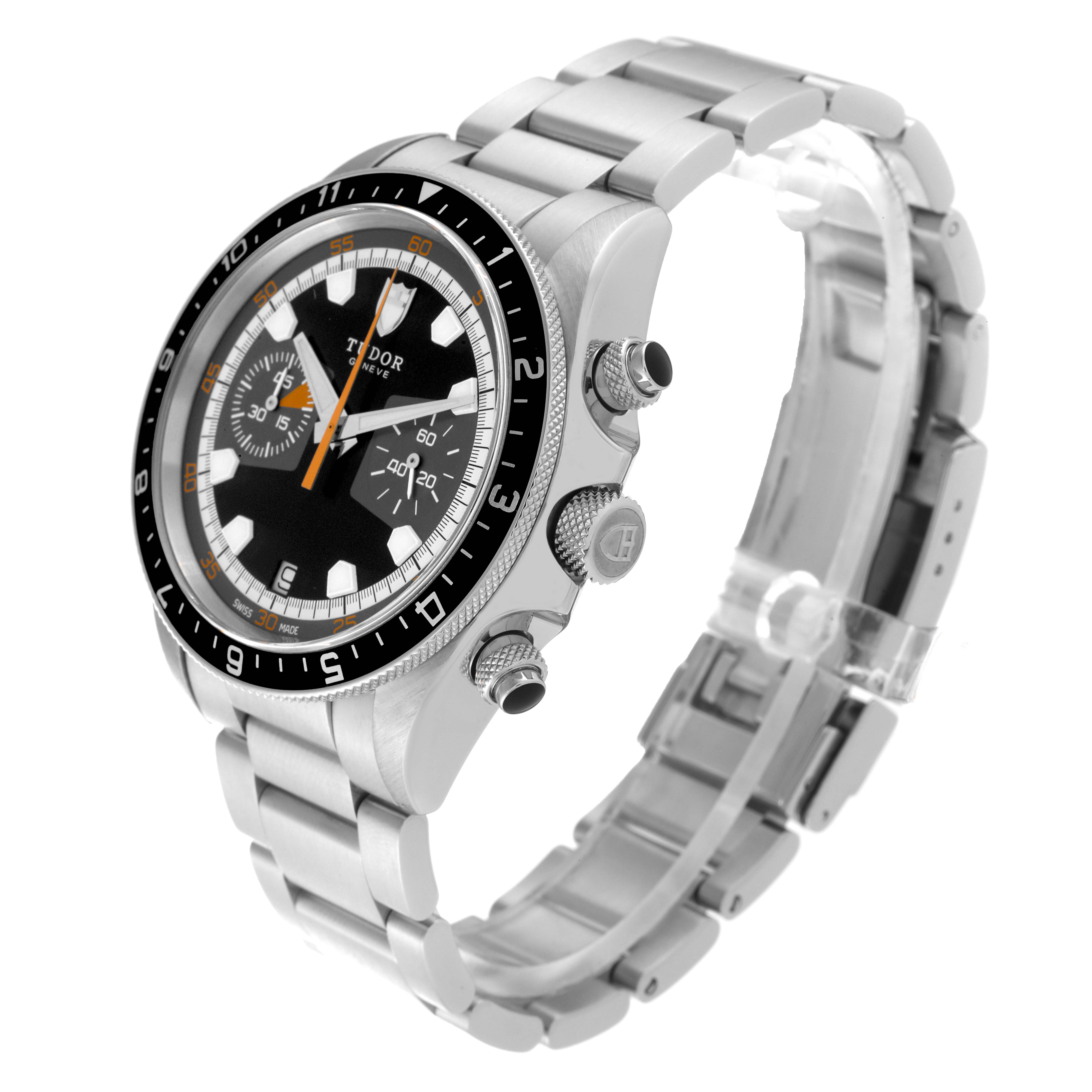 The Tudor Heritage Chrono 70330N-95740 Men
s Stainless Steel Black Dial 70330N-95740 Men
s Stainless Steel Black Dial watch is shown at an angle highlighting its bracelet, chrono pushers, crown, and dial details.