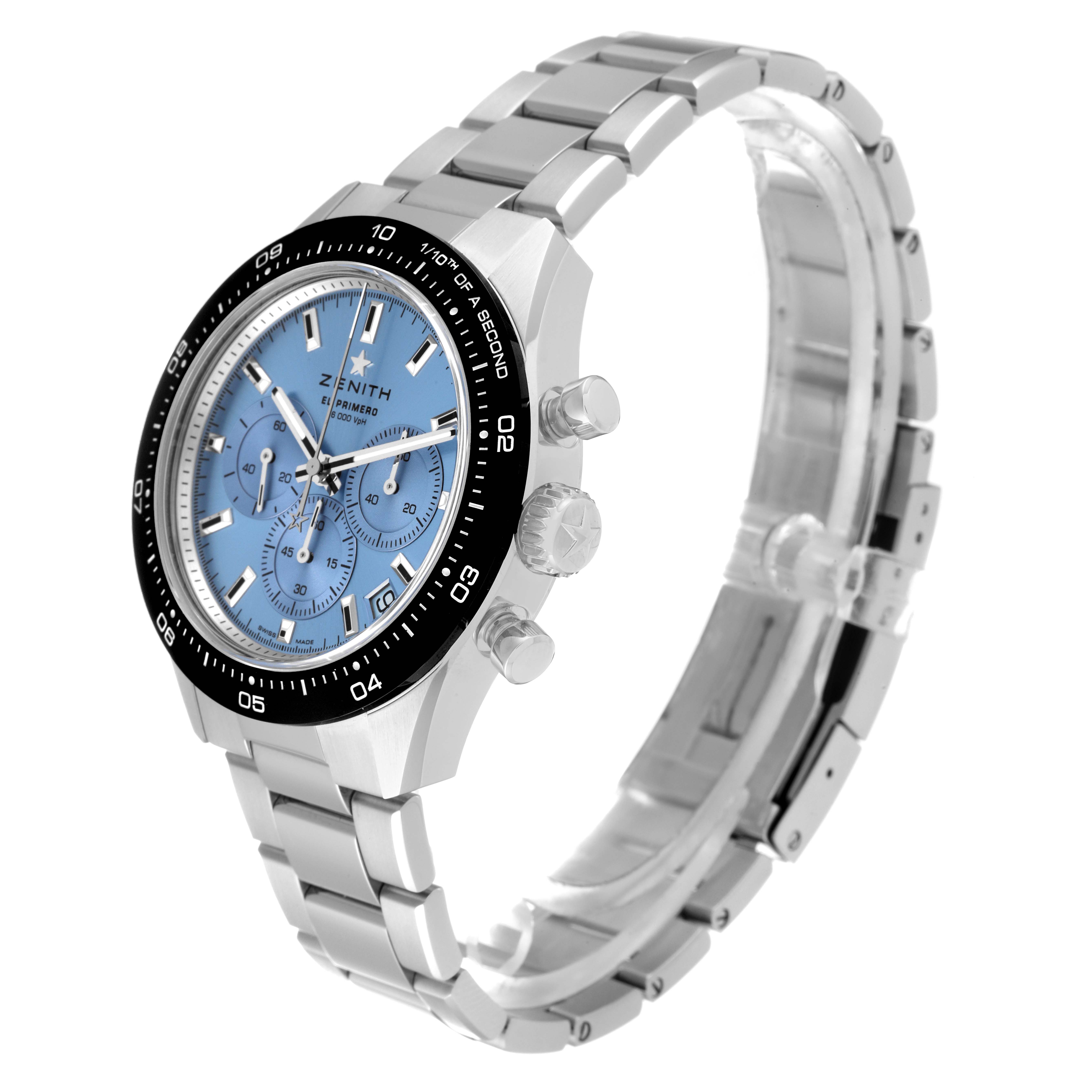 The Zenith Chronomaster 03.3105.3600 Men's Stainless Steel Blue Dial 03.3105.3600 Men's Stainless Steel Blue Dial watch is shown at a three-quarter angle, highlighting the face, crown, pushers, and bracelet.