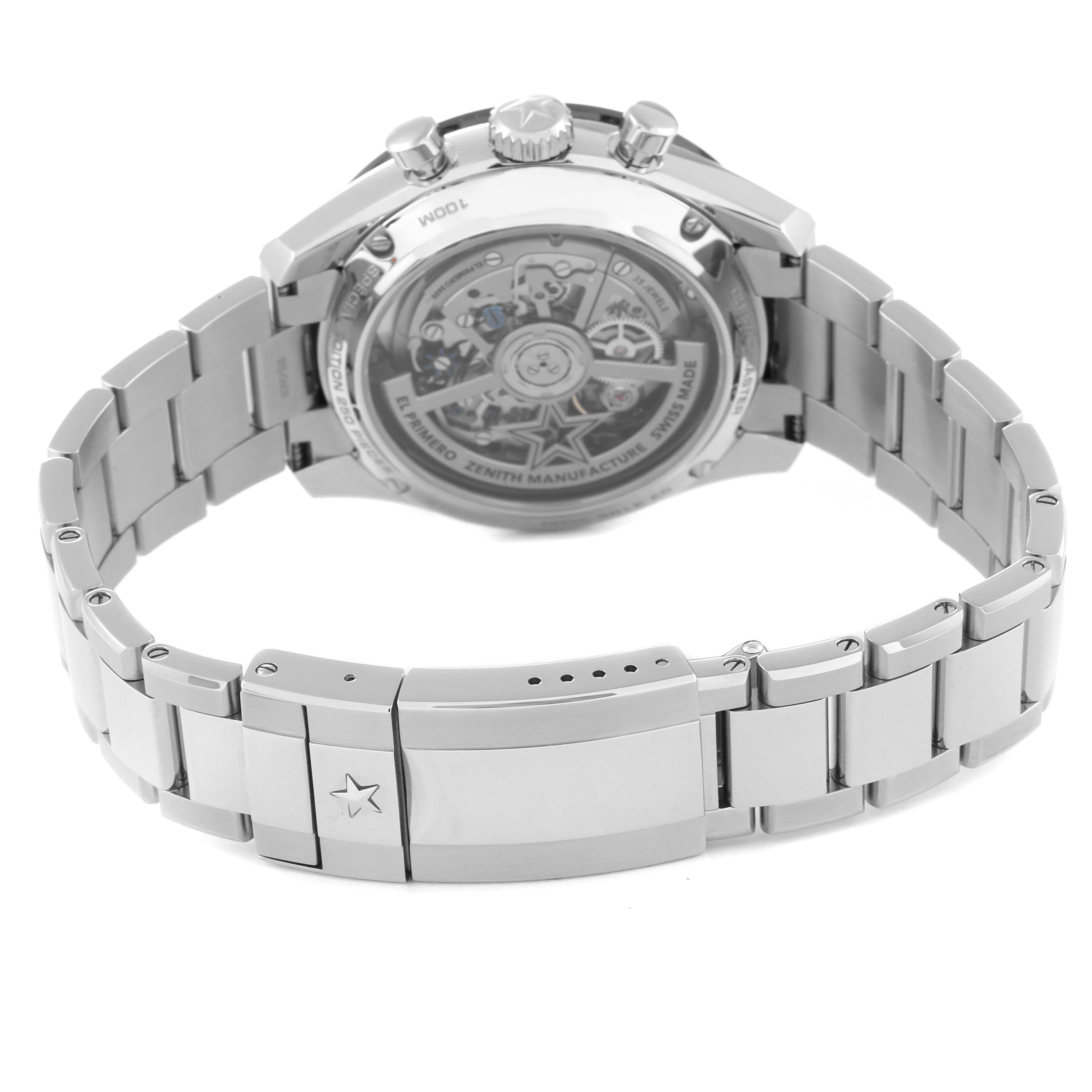 The image shows the back view of the Zenith Chronomaster 03.3105.3600 Men's Stainless Steel Blue Dial 03.3105.3600 Men's Stainless Steel Blue Dial watch, highlighting its exhibition case back and metal bracelet.