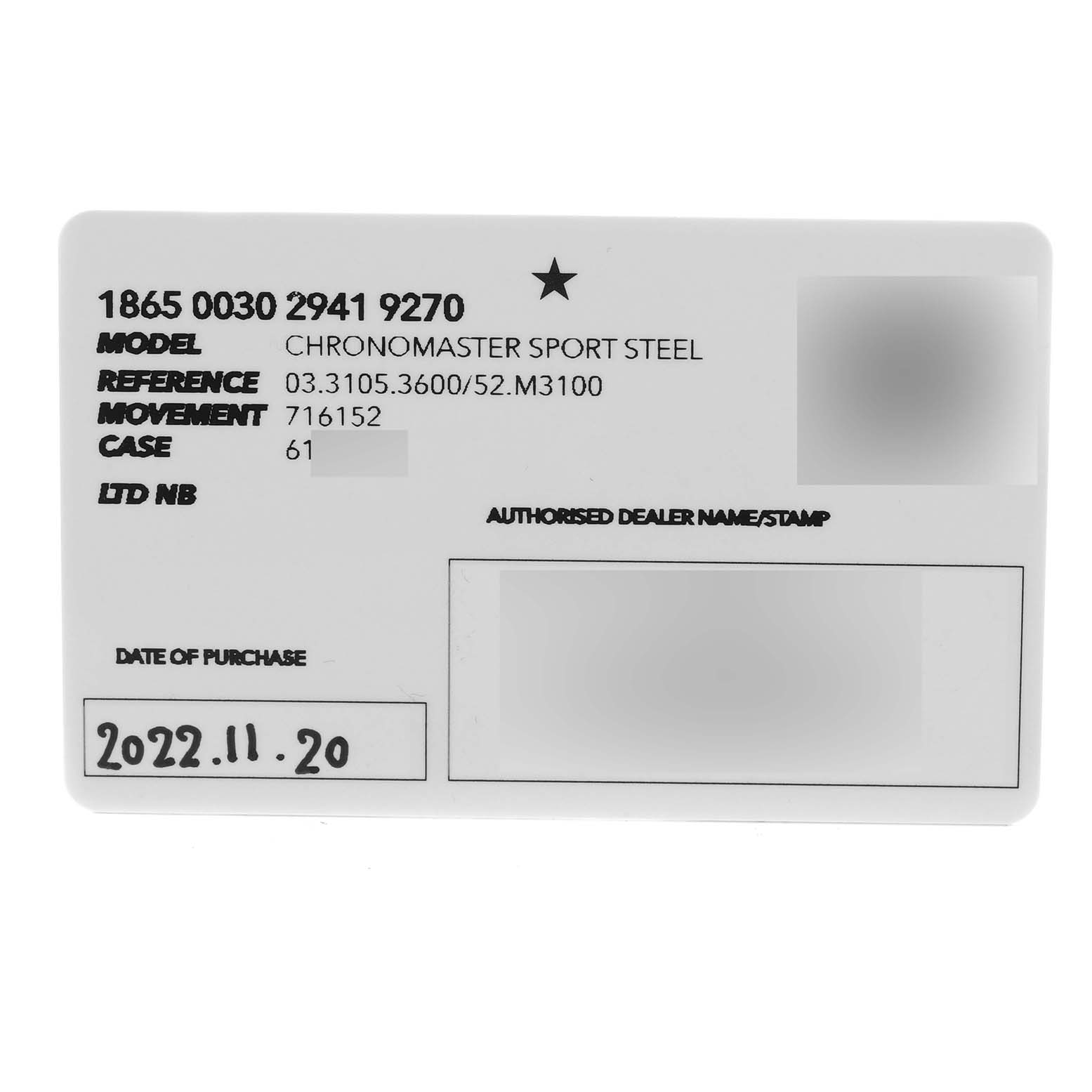 This is an image of the warranty card for a Zenith Chronomaster 03.3105.3600 Men's Stainless Steel Blue Dial 03.3105.3600 Men's Stainless Steel Blue Dial Sport Steel, displaying model specifics, movement number, case, and date of purchase.