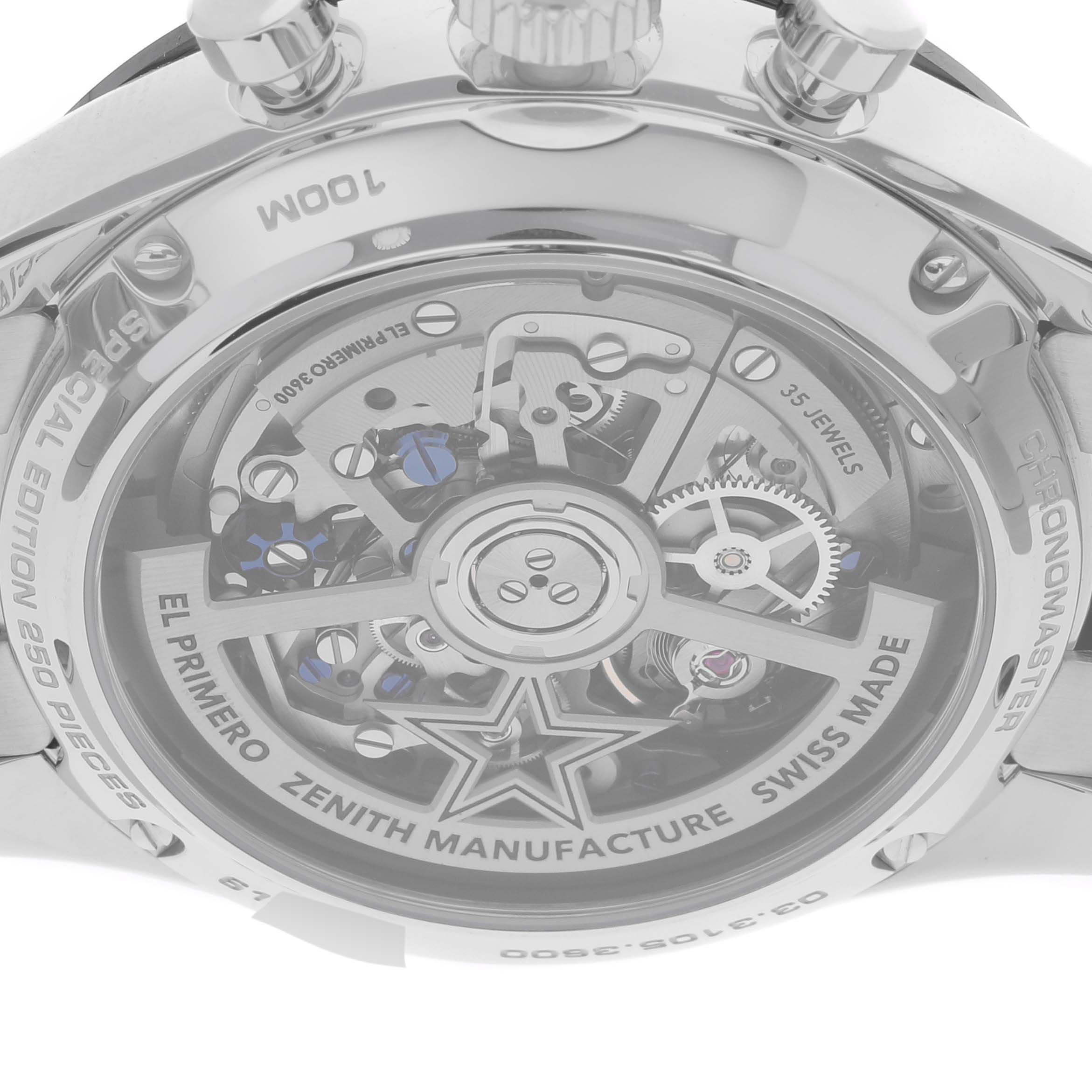 The image shows the back view of a Zenith Chronomaster 03.3105.3600 Men's Stainless Steel Blue Dial 03.3105.3600 Men's Stainless Steel Blue Dial watch, highlighting its movement and intricate internal mechanisms.