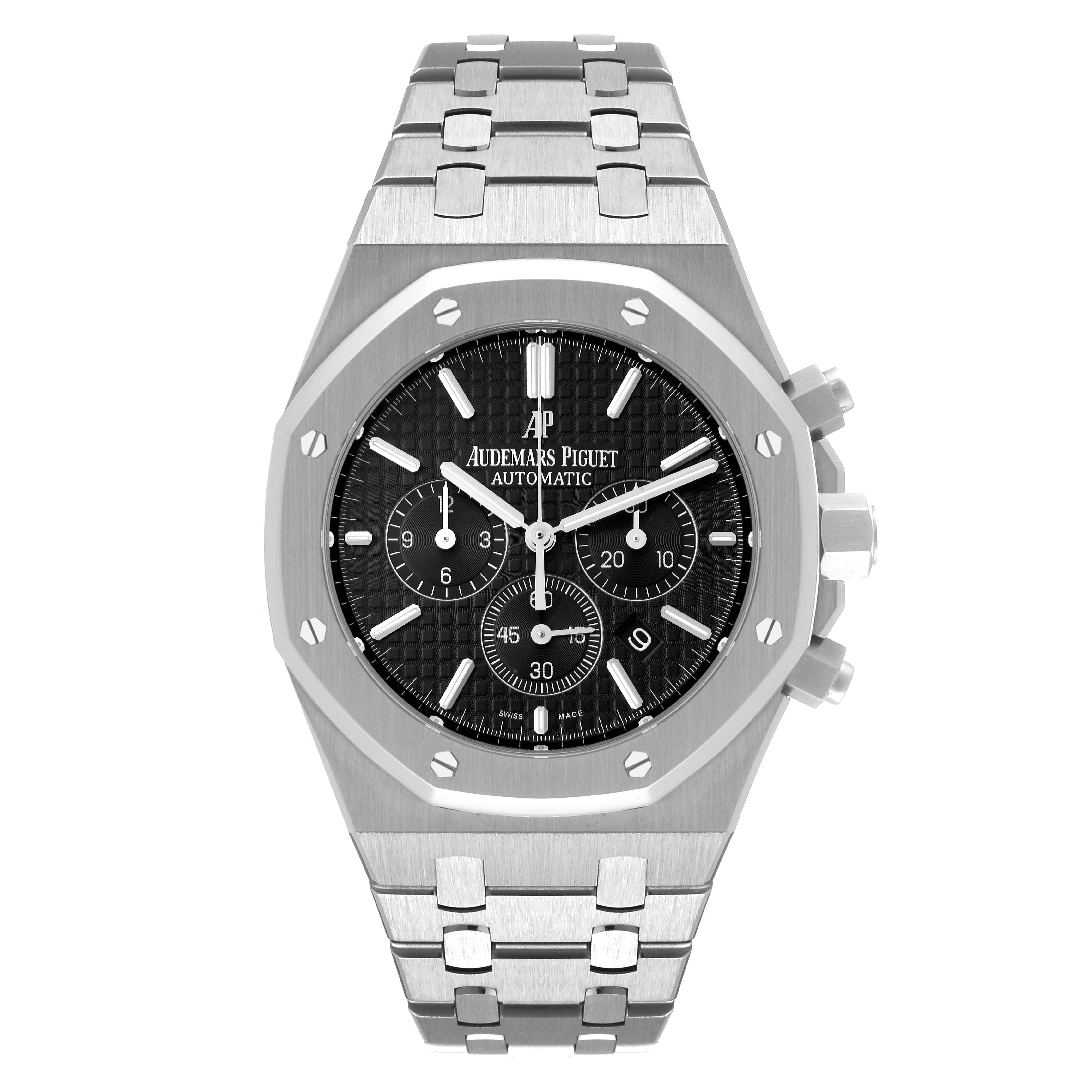The image shows a front view of an Audemars Piguet Royal Oak 26320ST.00.1220ST.01 Men's Stainless Steel Black Dial 26320ST.00.1220ST.01 Men's Stainless Steel Black Dial watch, highlighting its octagonal bezel, black dial, and stainless steel bracelet.