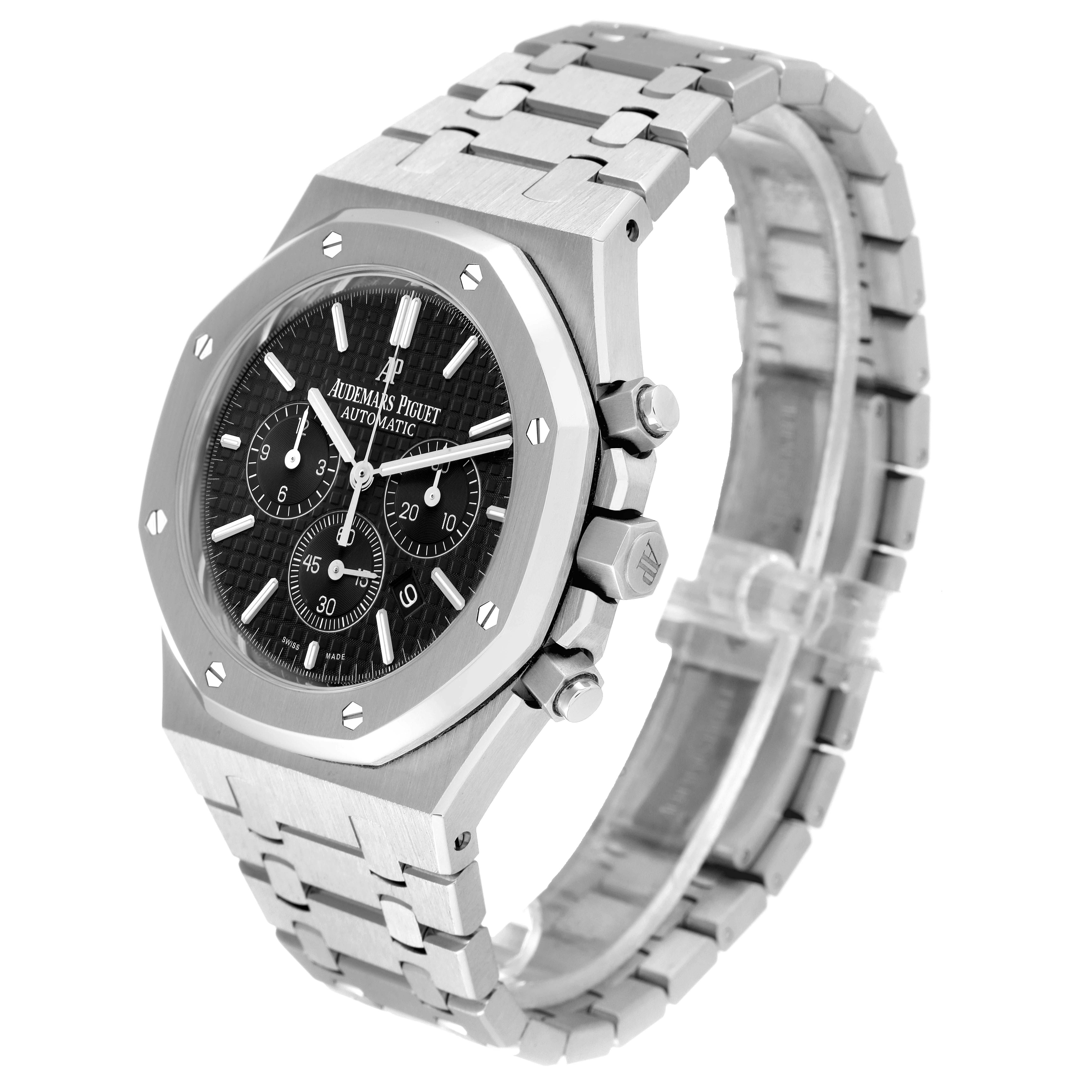 This image shows the Audemars Piguet Royal Oak 26320ST.00.1220ST.01 Men's Stainless Steel Black Dial 26320ST.00.1220ST.01 Men's Stainless Steel Black Dial watch at an angled front view highlighting its face, bezel, and bracelet.