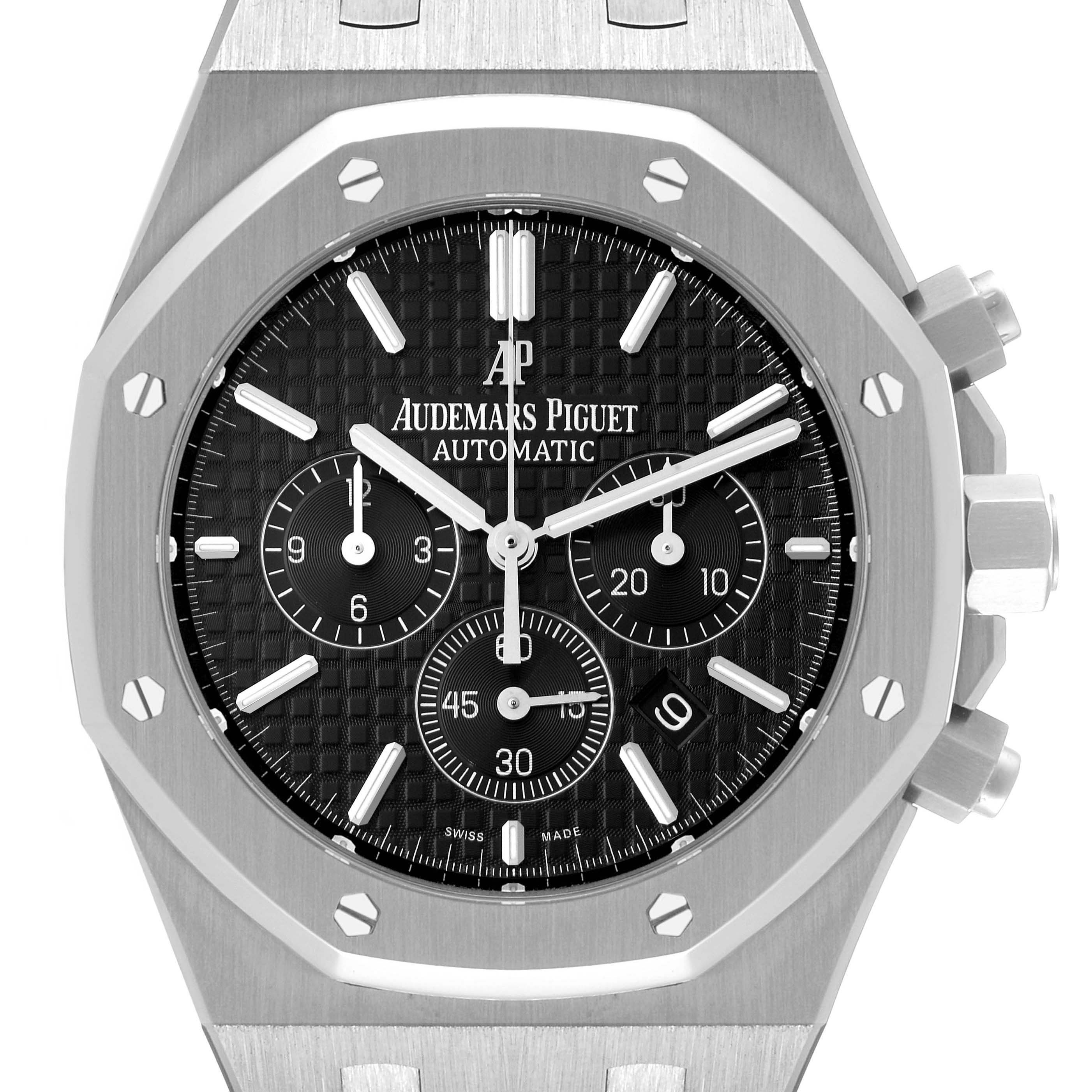 The image shows a front view of the Royal Oak model by Audemars Piguet, highlighting its bezel, dial, and chronograph subdials.