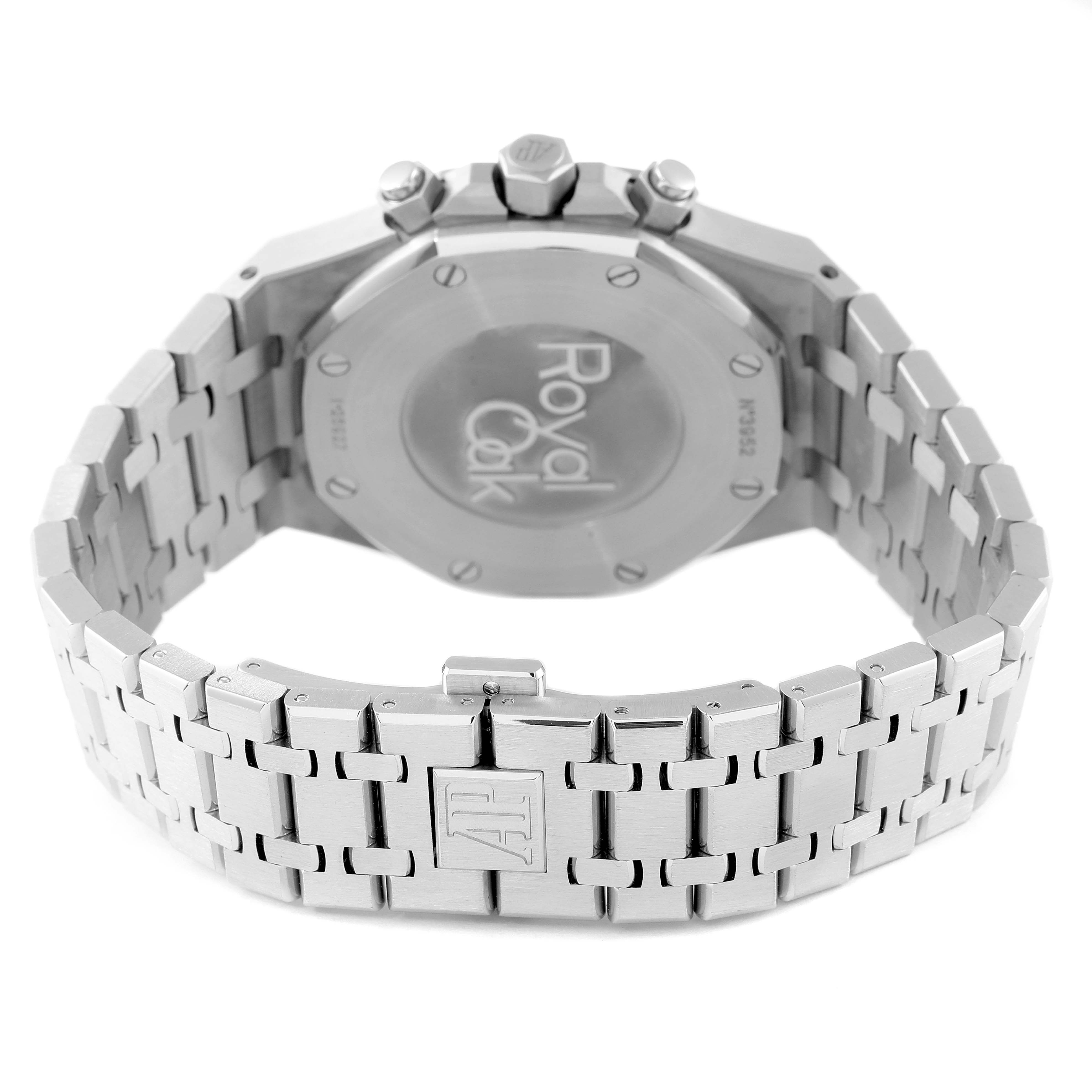 The image shows the back view of an Audemars Piguet Royal Oak 26320ST.00.1220ST.01 Men's Stainless Steel Black Dial 26320ST.00.1220ST.01 Men's Stainless Steel Black Dial watch, highlighting the clasp and case back.