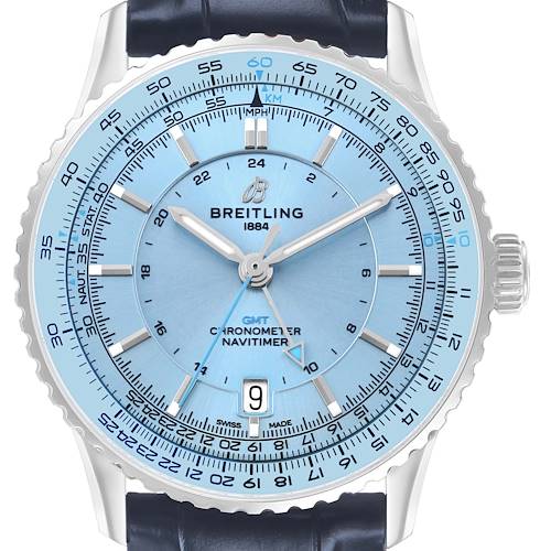 The Breitling Navitimer A32310 Men's Stainless Steel Blue Dial watch is shown from a frontal angle, highlighting its blue dial, bezel, and leather strap.
