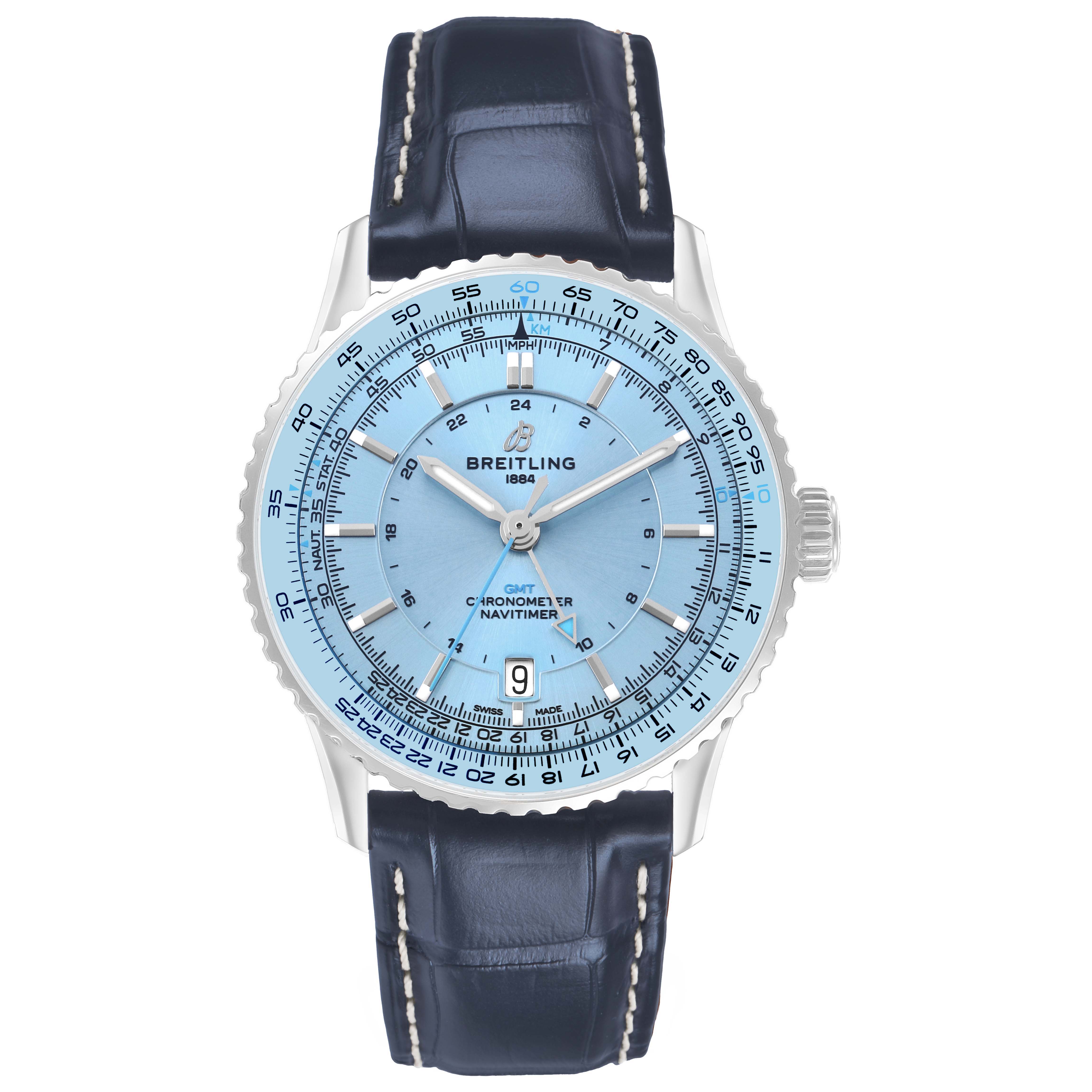 The image shows a front view of a Breitling Navitimer A32310 Men's Stainless Steel Blue Dial watch, displaying its blue dial, bezel, hands, date window, and leather strap.