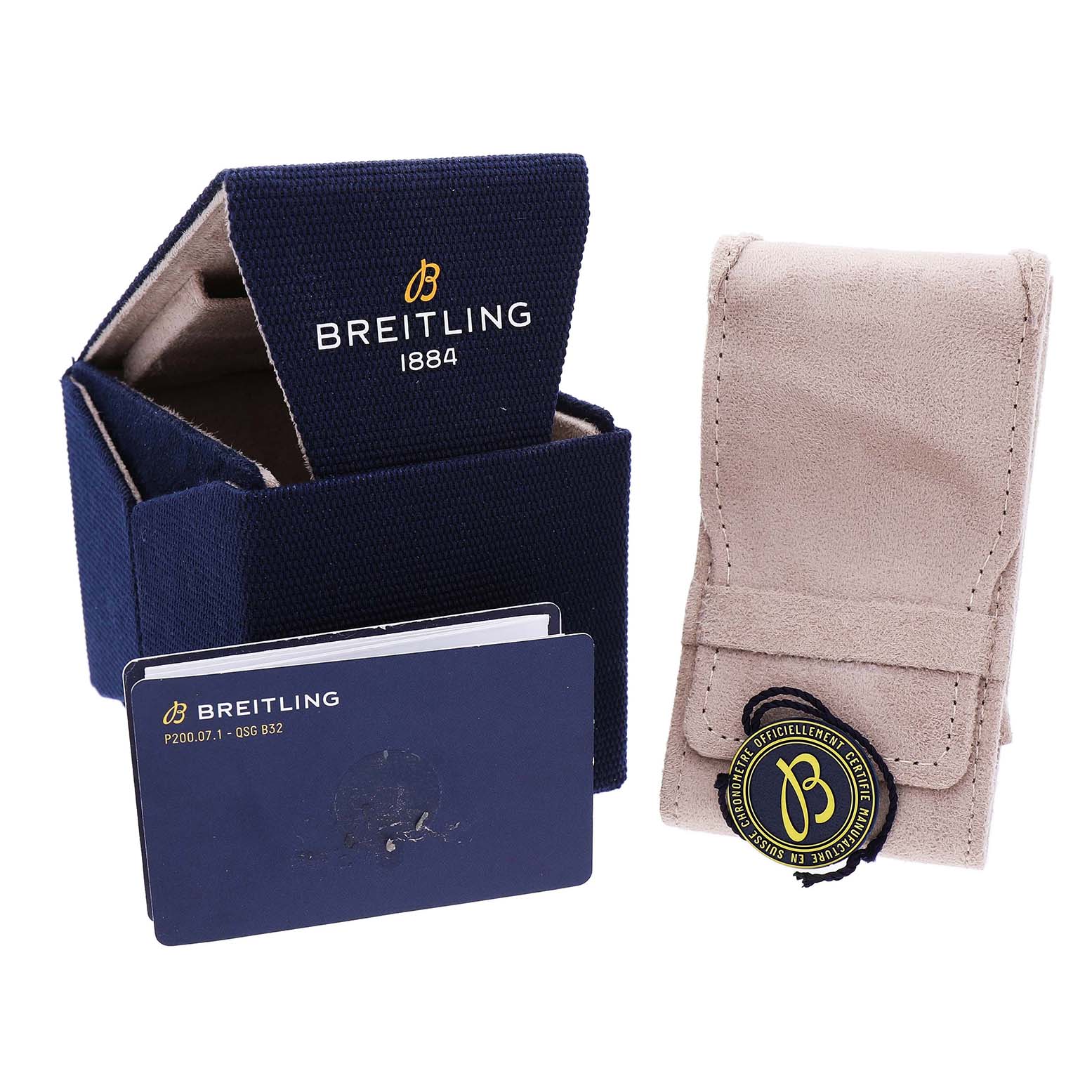 The image shows a Breitling Navitimer A32310 Men's Stainless Steel Blue Dial box, cards, and pouch displayed from a front angle.