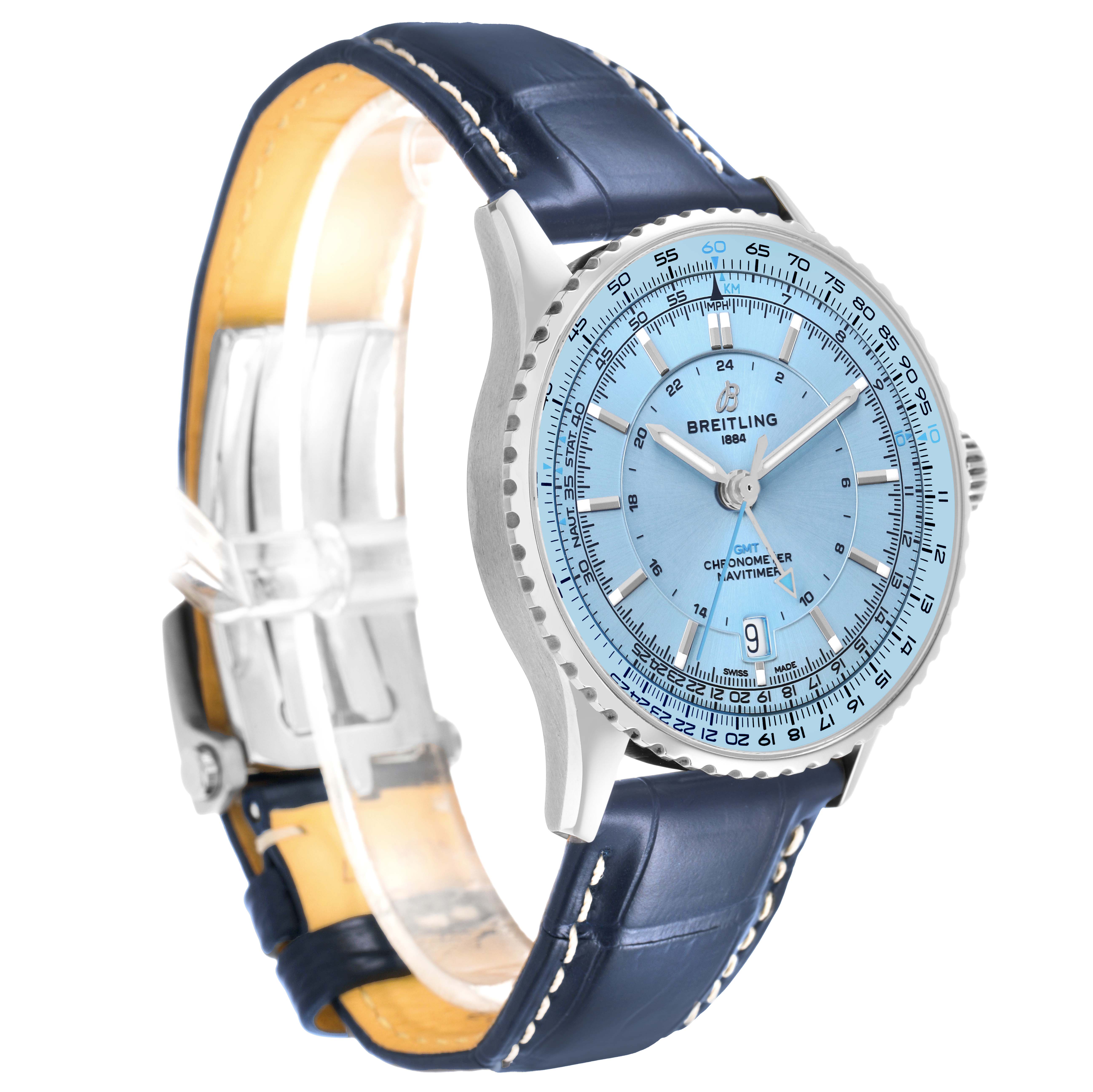 The Breitling Navitimer A32310 Men's Stainless Steel Blue Dial watch is shown at a three-quarter angle, highlighting the face, bezel, crown, and leather strap.
