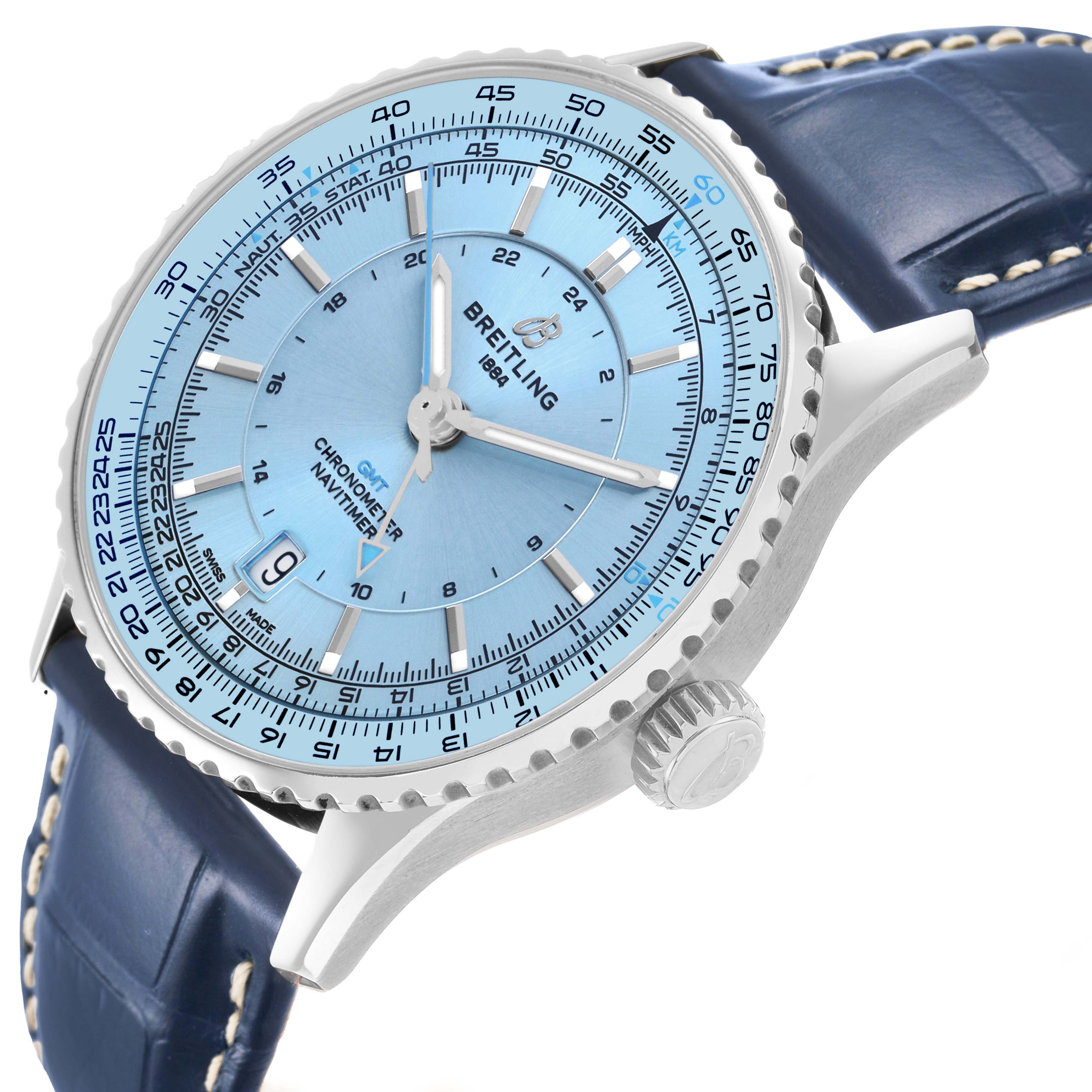 The Breitling Navitimer A32310 Men's Stainless Steel Blue Dial watch is shown from an angled side view, displaying the dial, crown, and part of the blue leather strap.