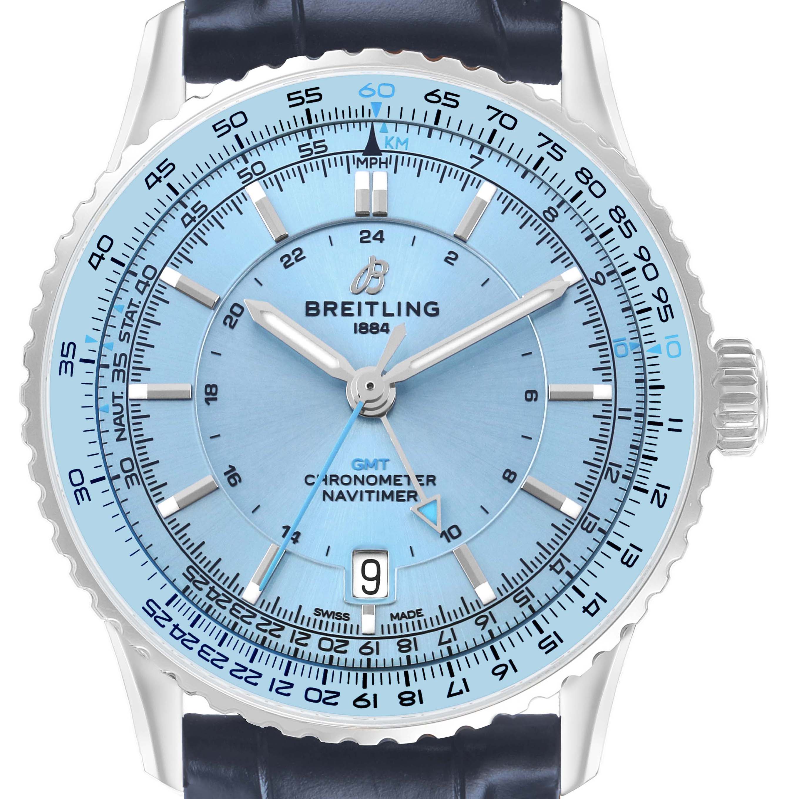 The Breitling Navitimer A32310 Men's Stainless Steel Blue Dial watch is shown from a top view, highlighting the dial, bezel, and leather strap.