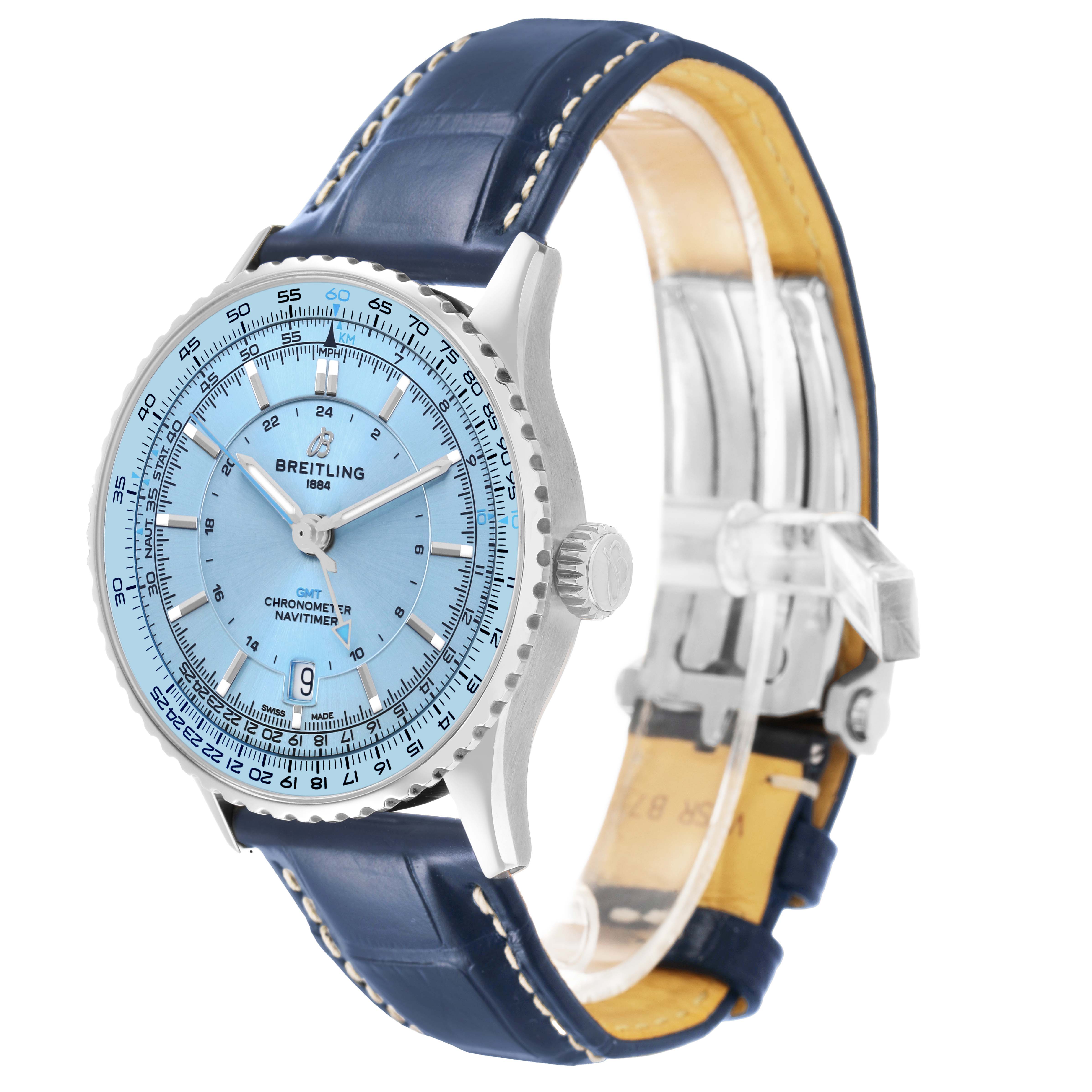 The Breitling Navitimer A32310 Men's Stainless Steel Blue Dial watch is shown at a three-quarter angle, highlighting the blue dial, crown, bezel, and blue leather strap.
