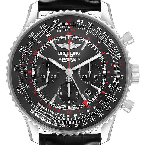 The Breitling Navitimer AB0441 Men's Stainless Steel Grey Dial watch is shown from a top view, highlighting the bezel, dial, hands, and subdials.