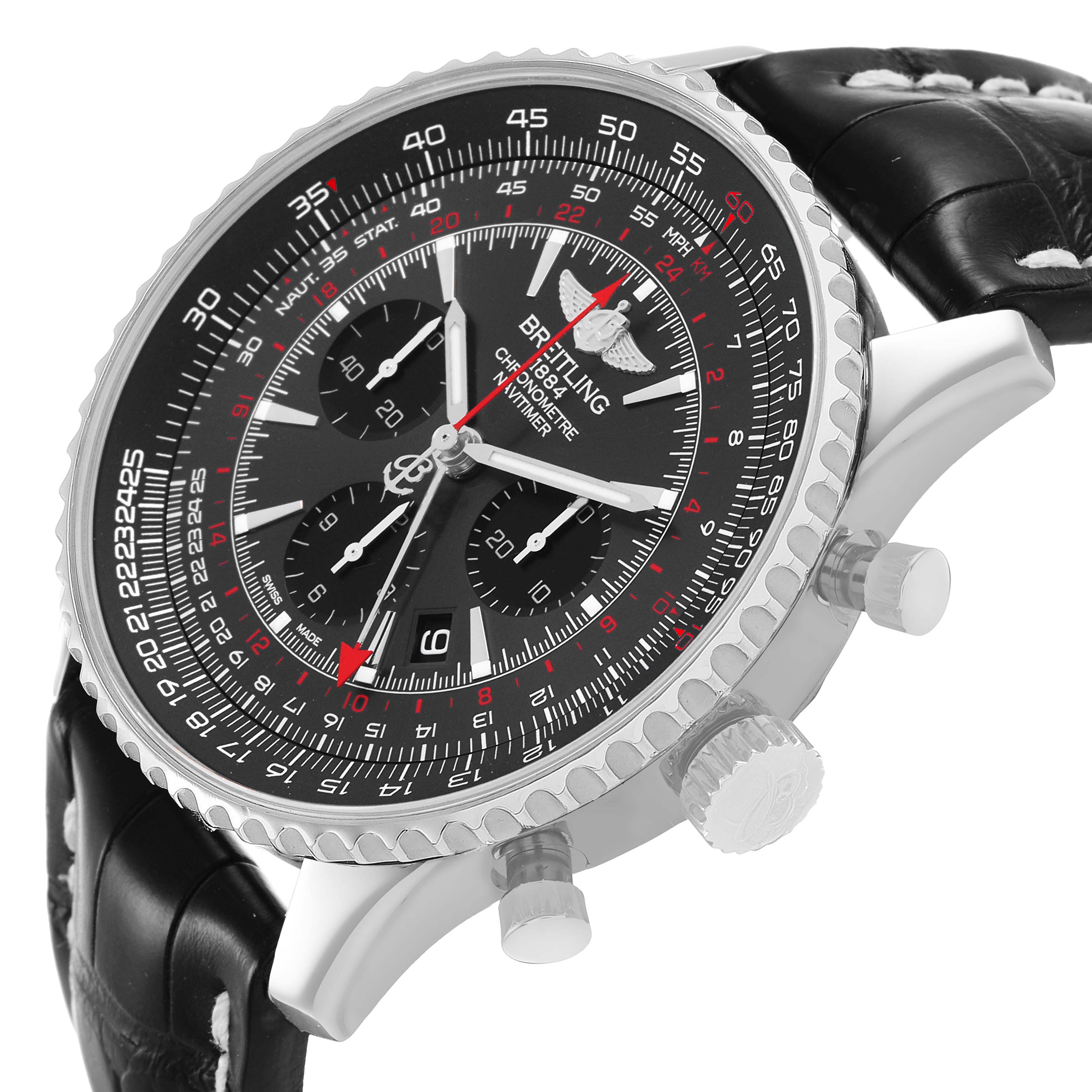 The image shows the Breitling Navitimer AB0441 Men's Stainless Steel Grey Dial watch at a slight angle, highlighting the face, bezel, crown, and pushers.