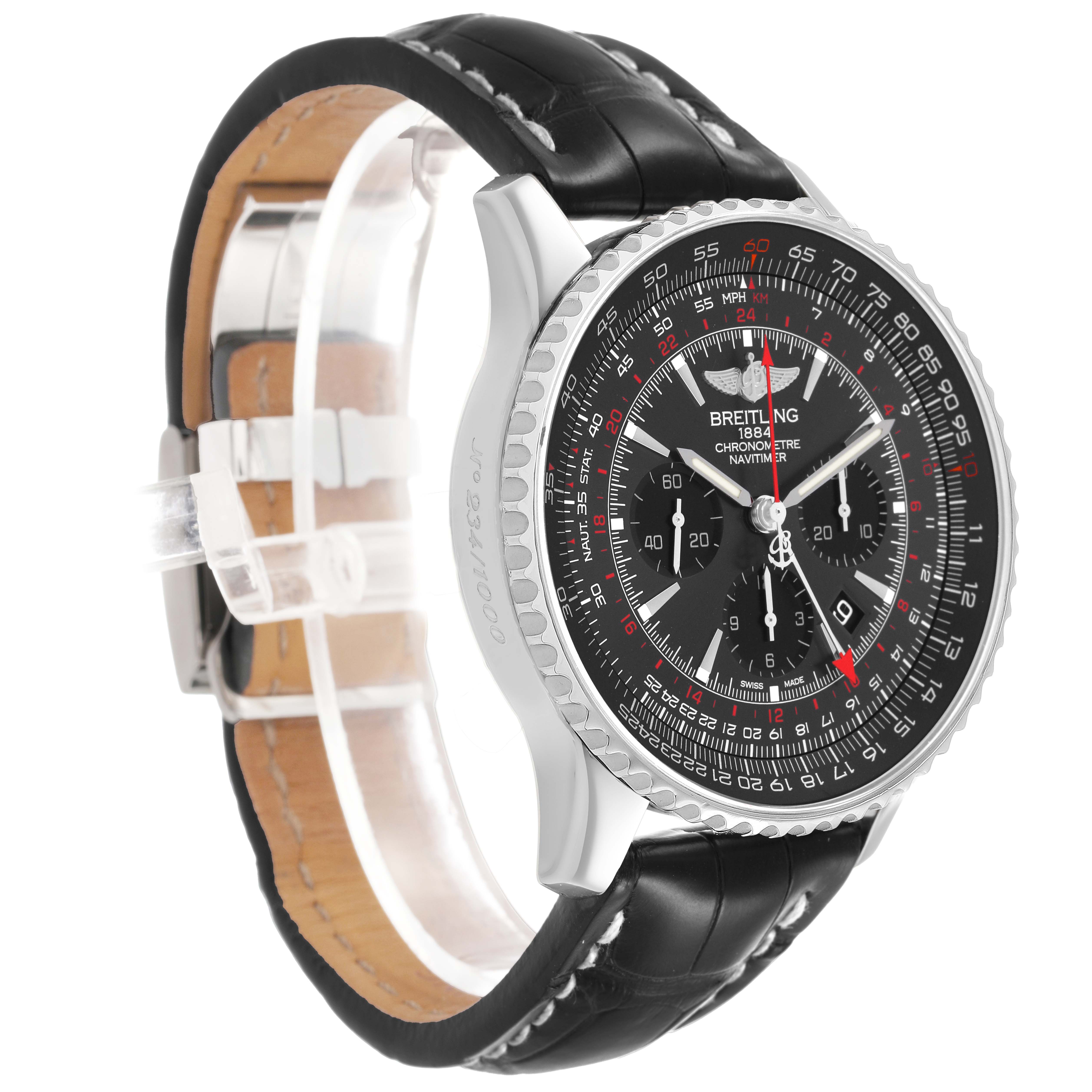 The Breitling Navitimer AB0441 Men's Stainless Steel Grey Dial watch is shown at a side angle, showcasing the dial, bezel, case, and leather strap.