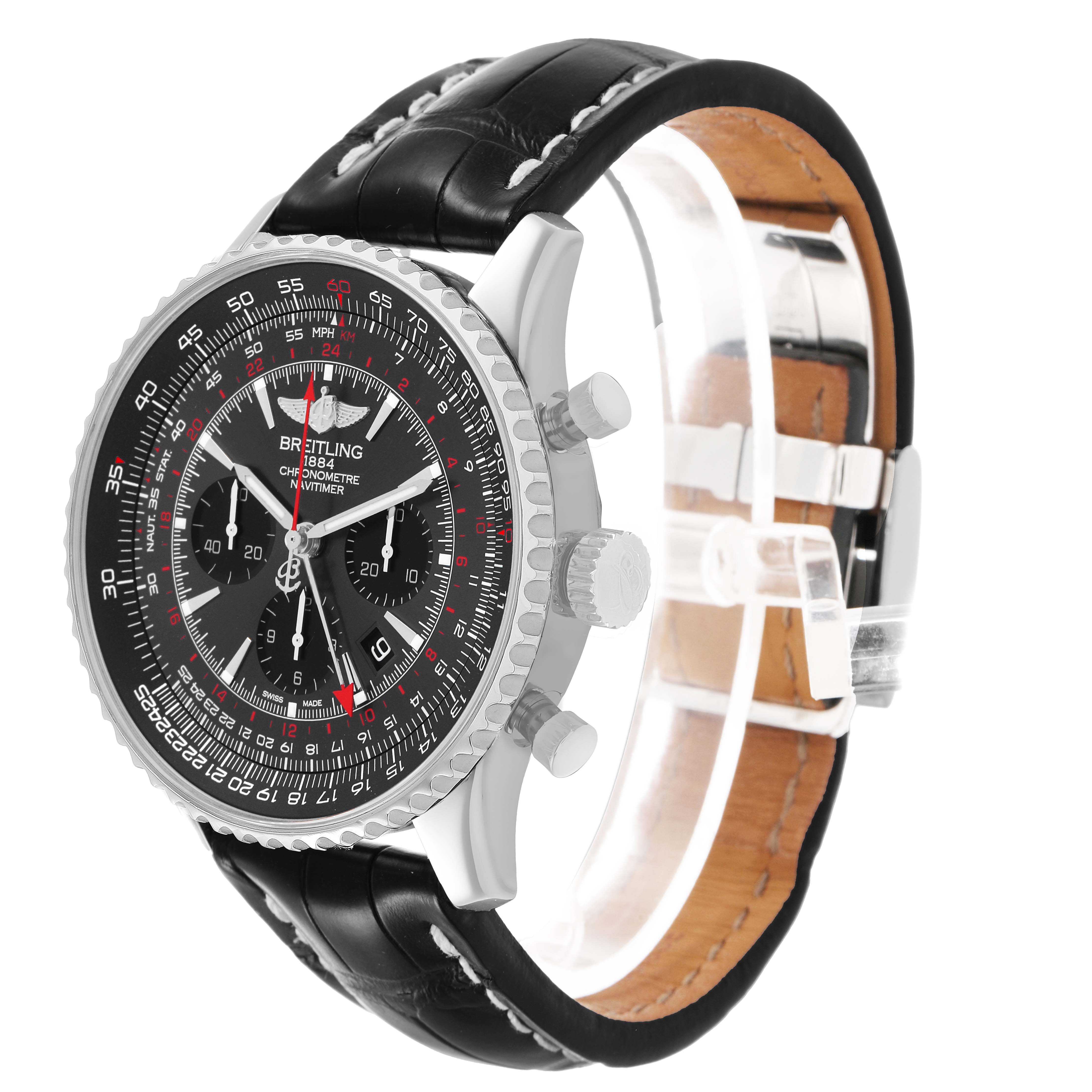 The Breitling Navitimer AB0441 Men's Stainless Steel Grey Dial watch is shown at an angled front view, highlighting the dial, bezel, crown, and pushers.
