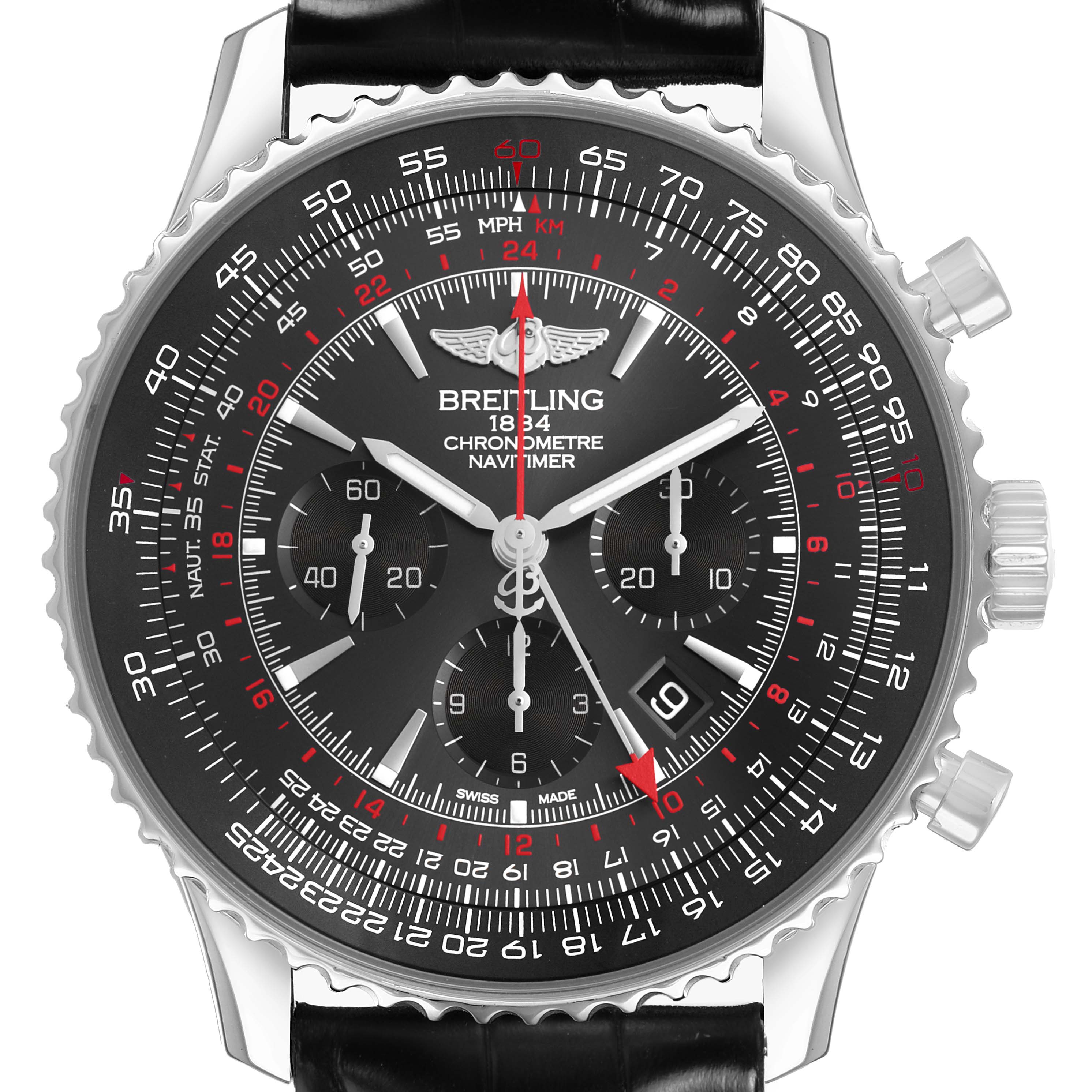 The Breitling Navitimer AB0441 Men's Stainless Steel Grey Dial is shown from a front-facing angle, highlighting the dial, bezel, and chronograph subdials.
