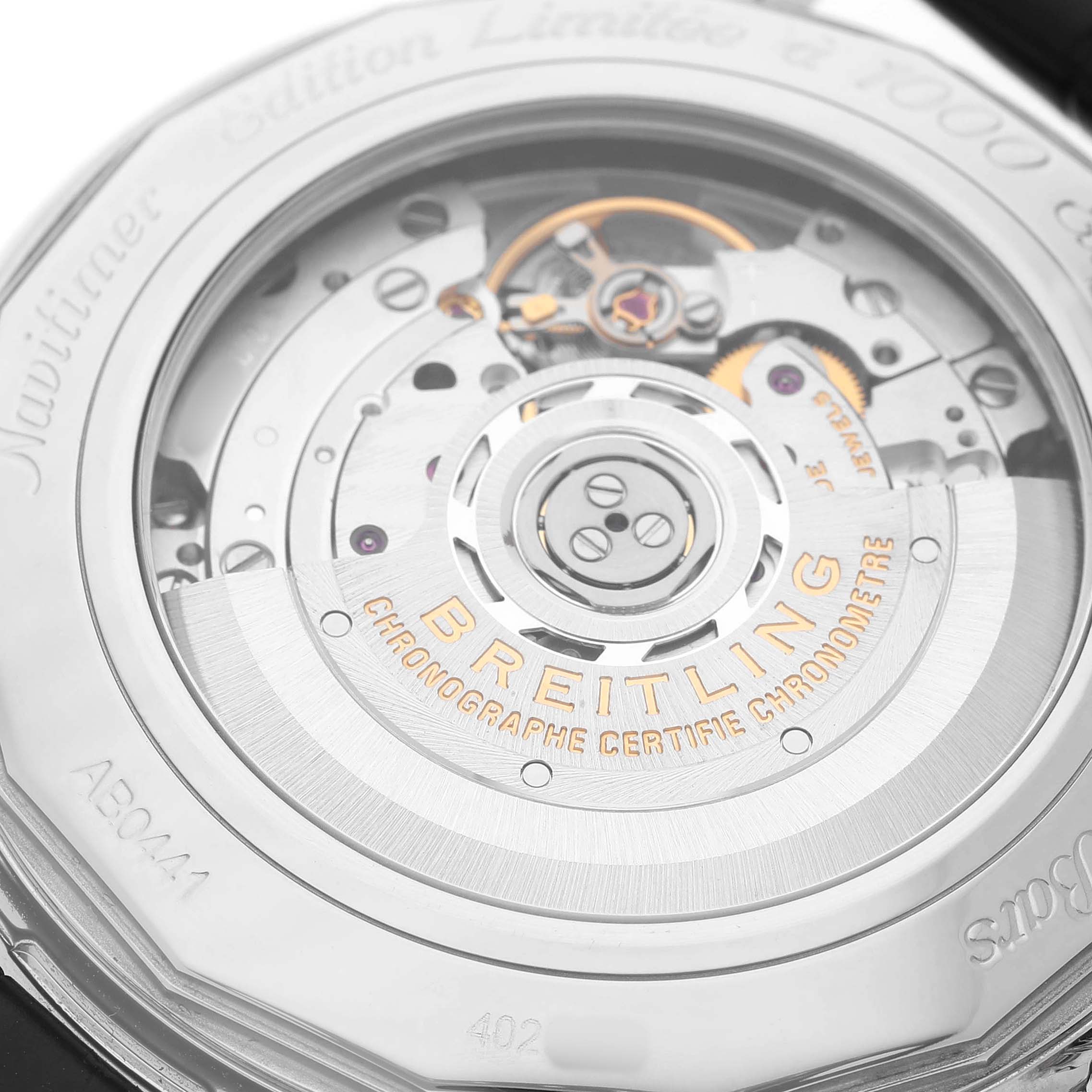 The image shows the case back of the Breitling Navitimer AB0441 Men's Stainless Steel Grey Dial, highlighting its intricate movement and engravings.