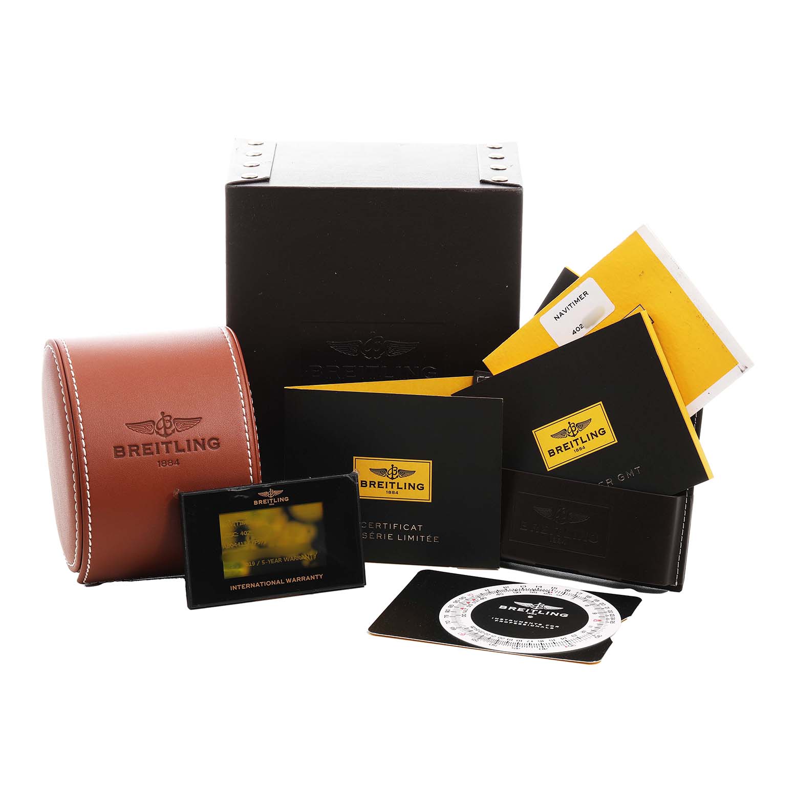 The image shows Breitling Navitimer AB0441 Men's Stainless Steel Grey Dial watch accessories including a leather case, documents, and warranty cards from a frontal angle.